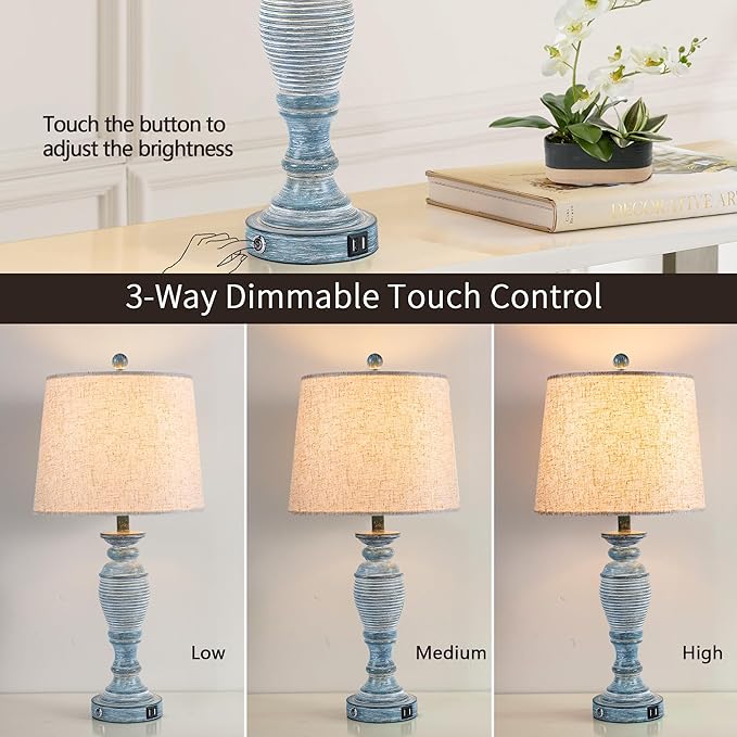 Ireliare 27.7" Table Lamps for Living Room Set of 2, 3 Way Dimmable Touch Lamps for Bedrooms with Dual USB Ports, Farmhouse Lamps for Nightstand,2 Bulbs Included photo 5