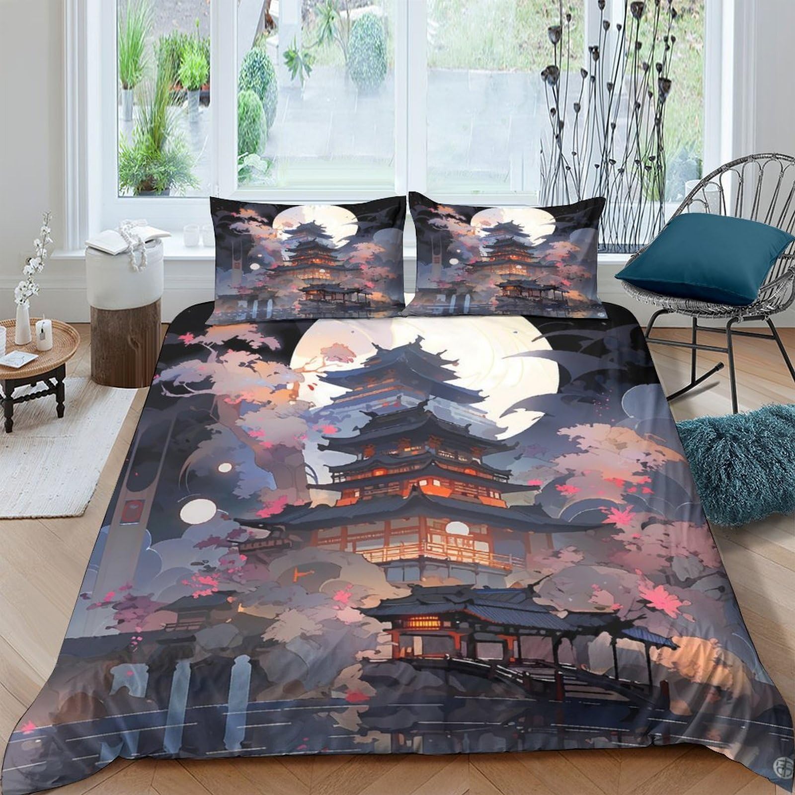 Ctjqhvkz Style-10 3D Printed Japanese Pagoda Fitted Sheet Microfiber Soft Breathable Moon Night Bed Cover For Bedroom Dorm Decor Single（135X200cm）