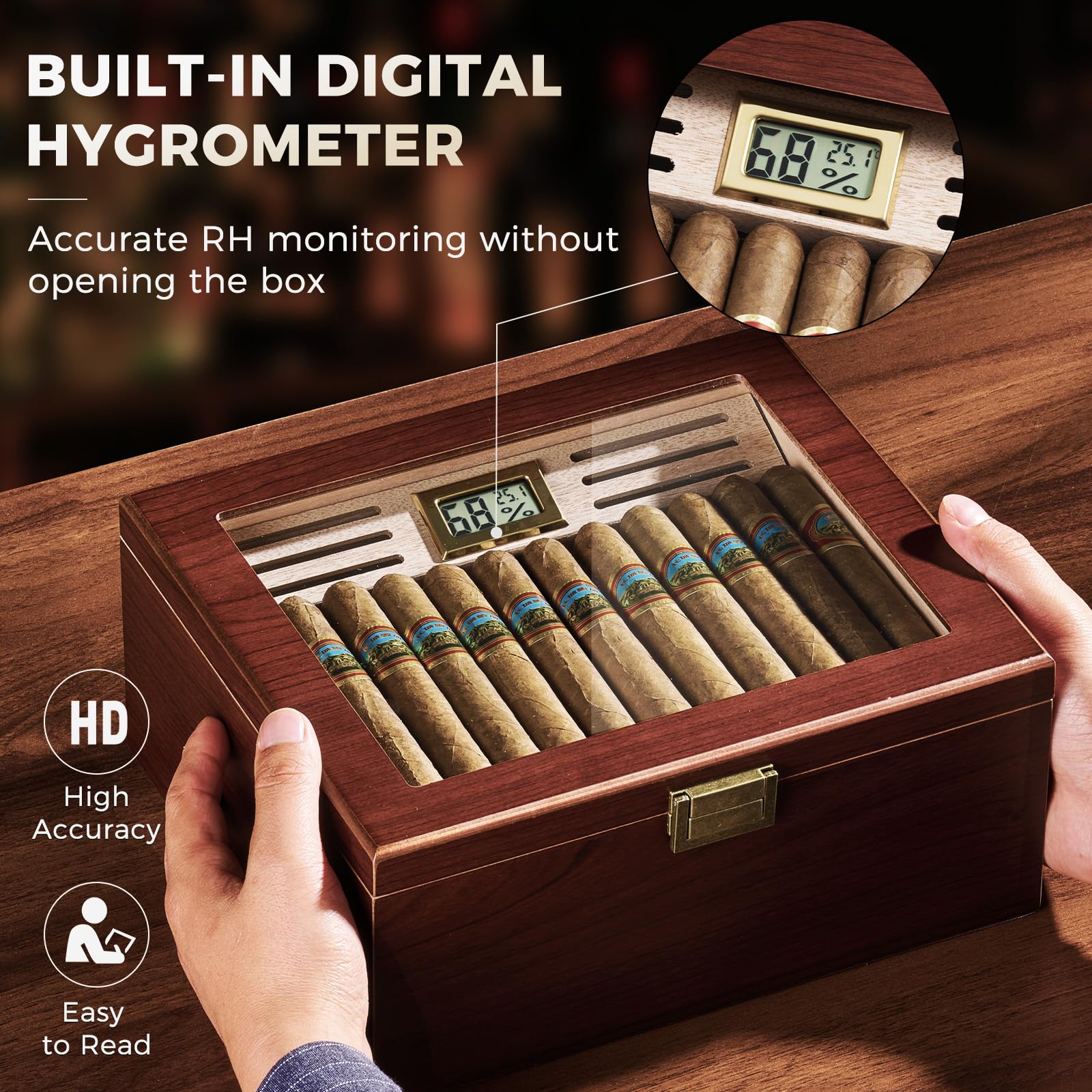ProCase Zigarren Humidor aus Holz, mit Luftbefeuchter, Zedernholzfutter, Glasplatte, digitalem Hygrometer -Groß, Braun