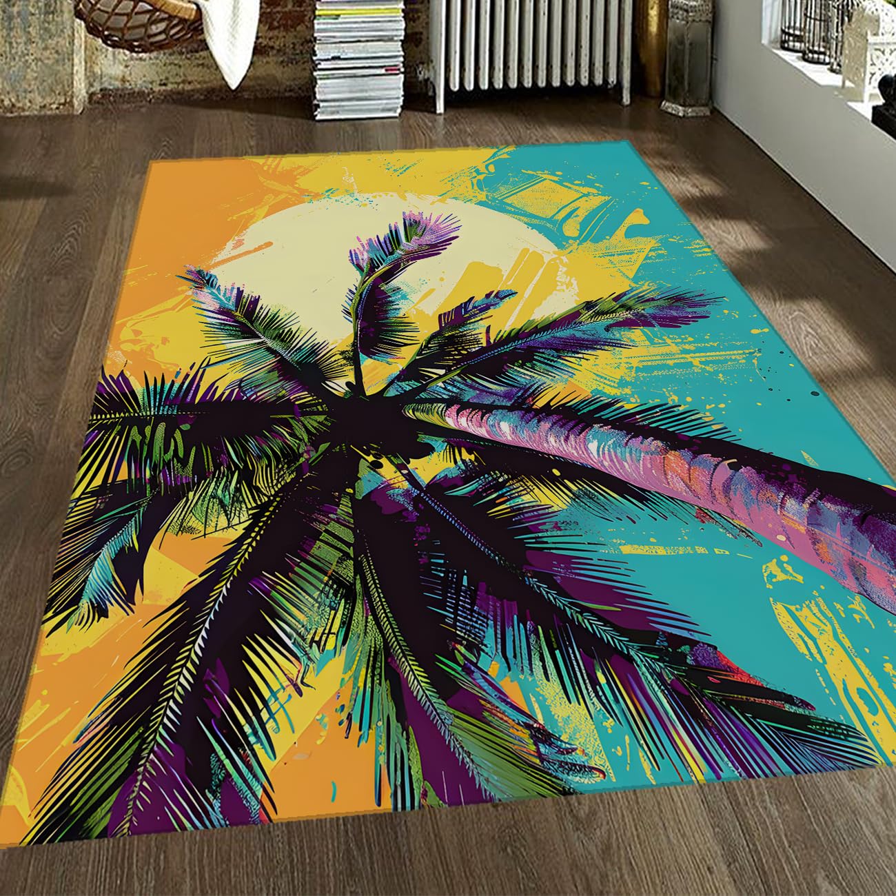 Zmywalne dywaniki 140x200 cm Pop Art Palm Obszar Tropikalny Dywan Zachód Zachód Ocean Niskie Włosy Sylwetka Pociągnięcia Wzór Podłoga Wewnątrz Do Salonu Biura