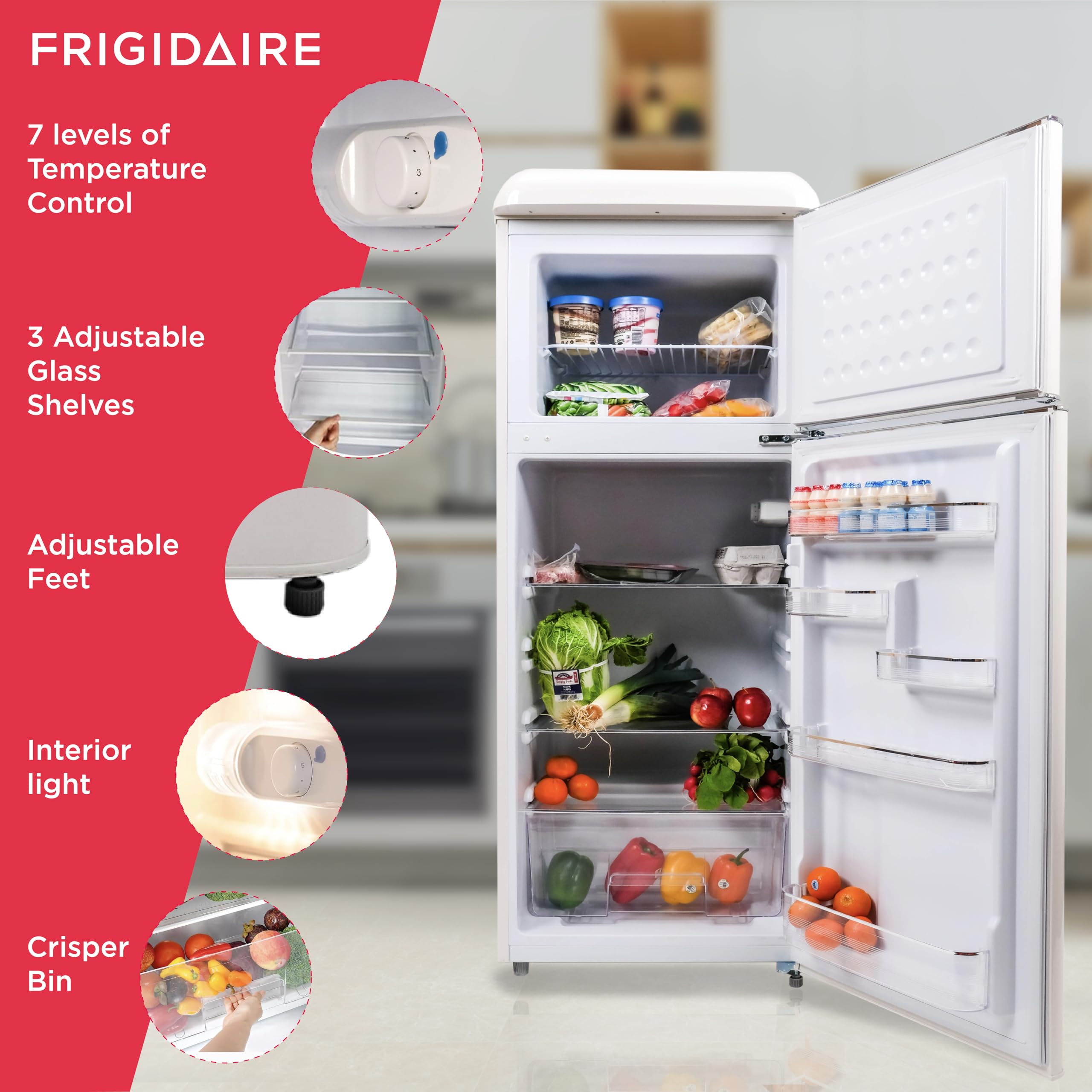 Frigidaire EFR756, 2 Door Apartment Size RETRO Refrigerator with Top Freezer, Chrome Handles, 7.5 cu ft on Fridge.com