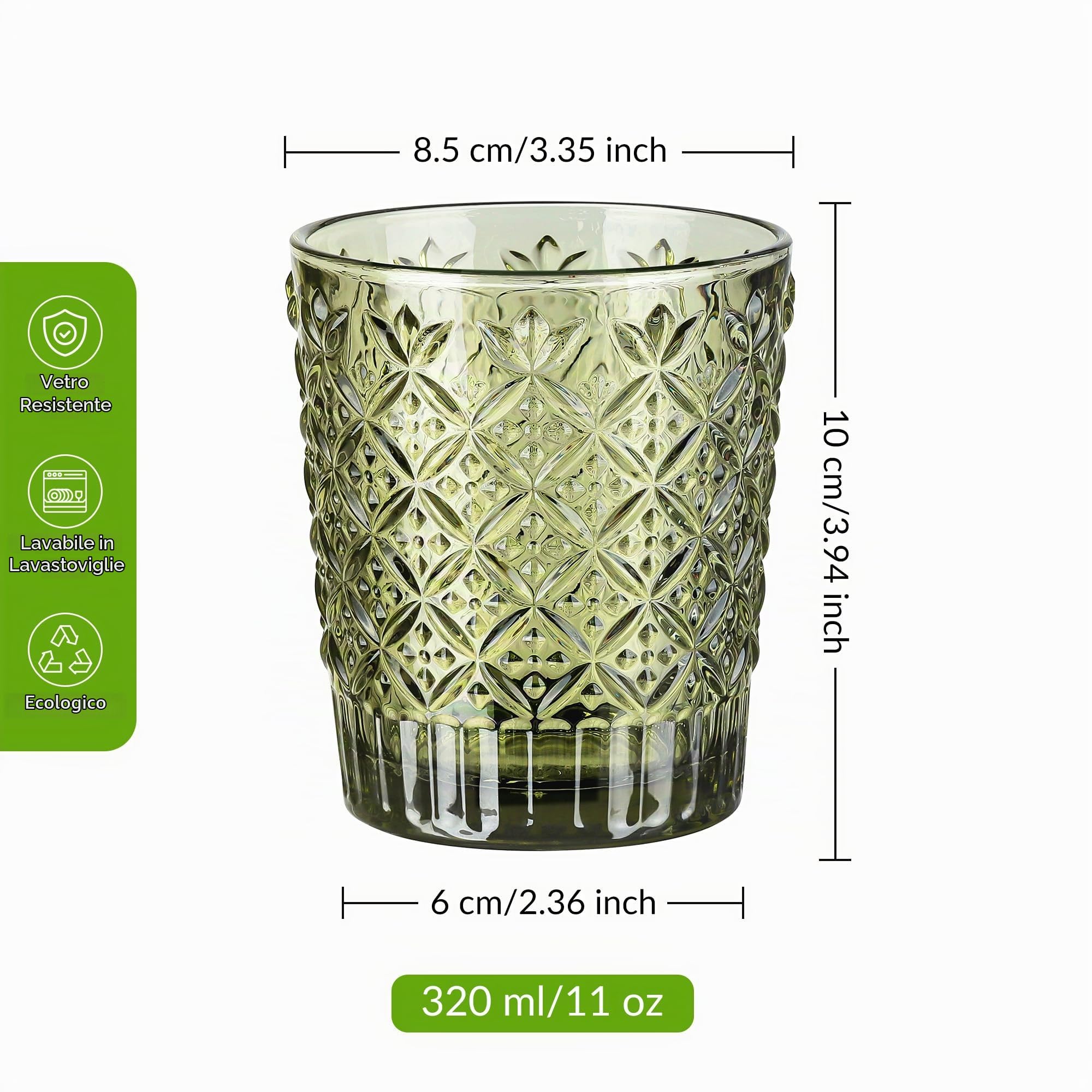 Joeyan 32cl Bicchieri da Acqua in Vetro Colorati, Set di 6 Verde Tumbler Basso con Quadretti Caramella Rilievo, Design Moderni, Idea Regalo Per Matrimoni, Feste e Casa Nuova, Lavabile in Lavastoviglie