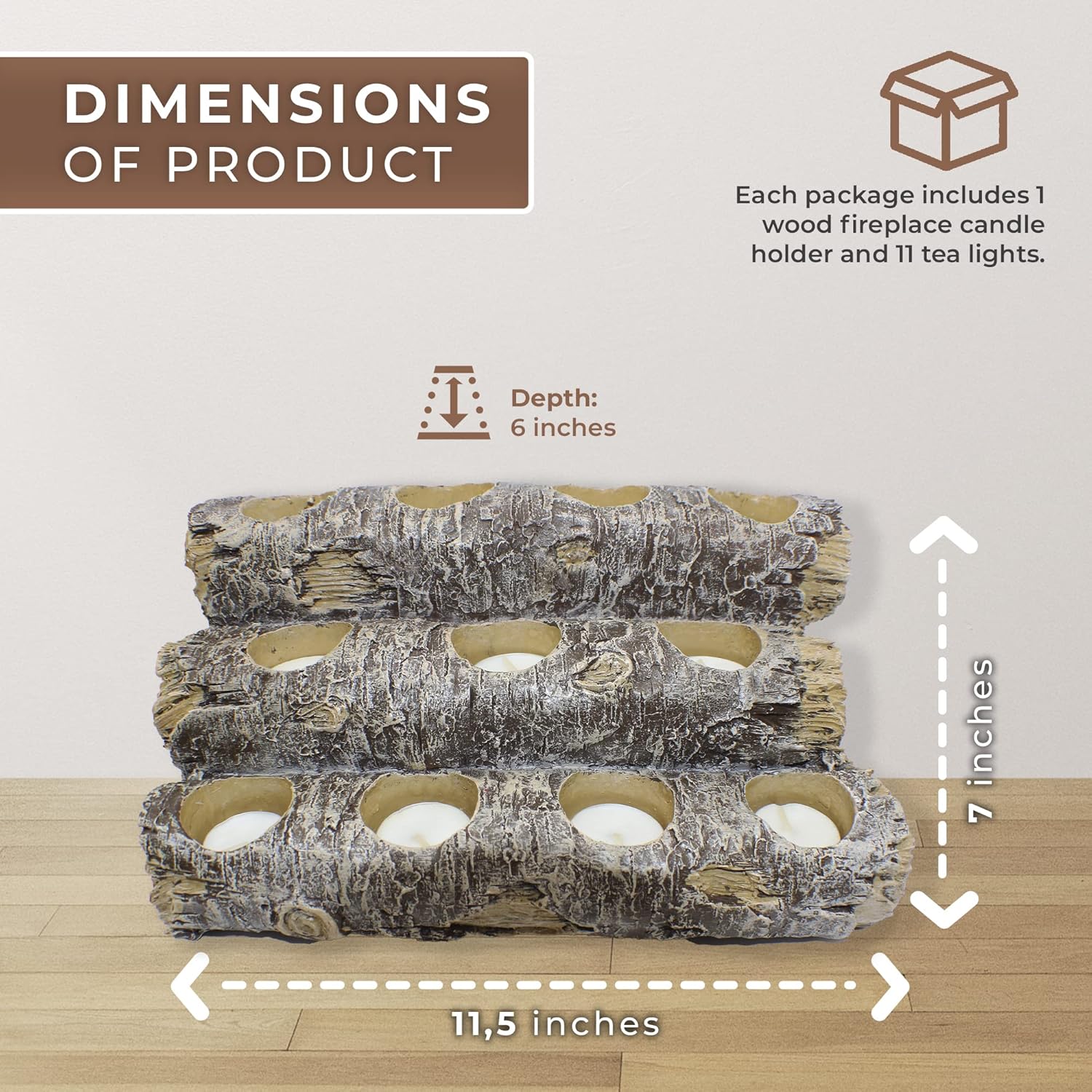 Castaway Faux Fireplace Logs Candle Holder — Realistic Rustic Wood Log Centerpiece with 12 Tea Light Candles, Safe, Smoke-Free ambiance, Authentic Wood Texture, and and Low Maintenance
