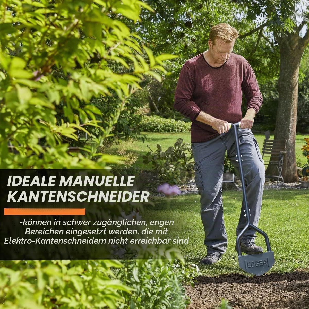 Colwelt Manuelles Rasenkantenwerkzeug, 102 cm, Halbmond-Rasenschleifer mit V-förmiger gezackter Klinge, massiver Stahl, Rasenkantenwerkzeug mit weichem T-Griff, Gartengraskantenschneider für Gehweg