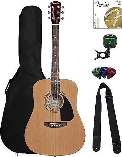 Fender FA-115 Dreadnought - Guitarra acústica - Paquete natural con estuche, afinador, cuerdas, correa y púas
