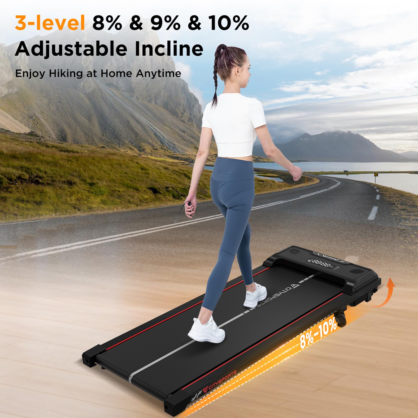 CITYSPORTS Laufband mit Steigung 10%, Elektrisches Walking Pad für Zuhause & Büro, 1–6 km/h, 440 W leiser Motor, LED-Anzeige, Bluetooth-Musikfunktion, Stoßdämpfung, 110 kg Belastbar