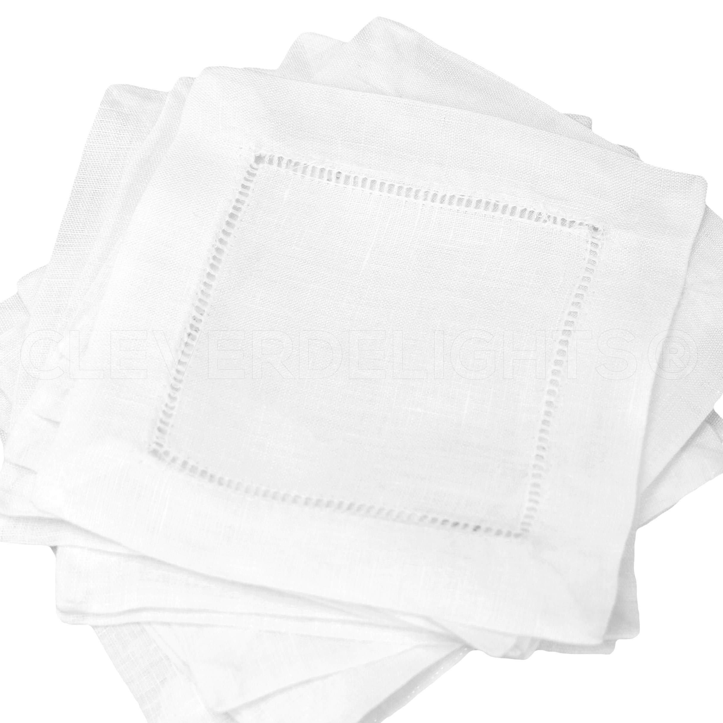 12 CleverDelights White Pure Linen Hemstitch Cocktail Napkins – 6 x 6 Ladder Hemstitch Beverage Napkins – 100% Linen 6 Inch Coaster by CleverDelights