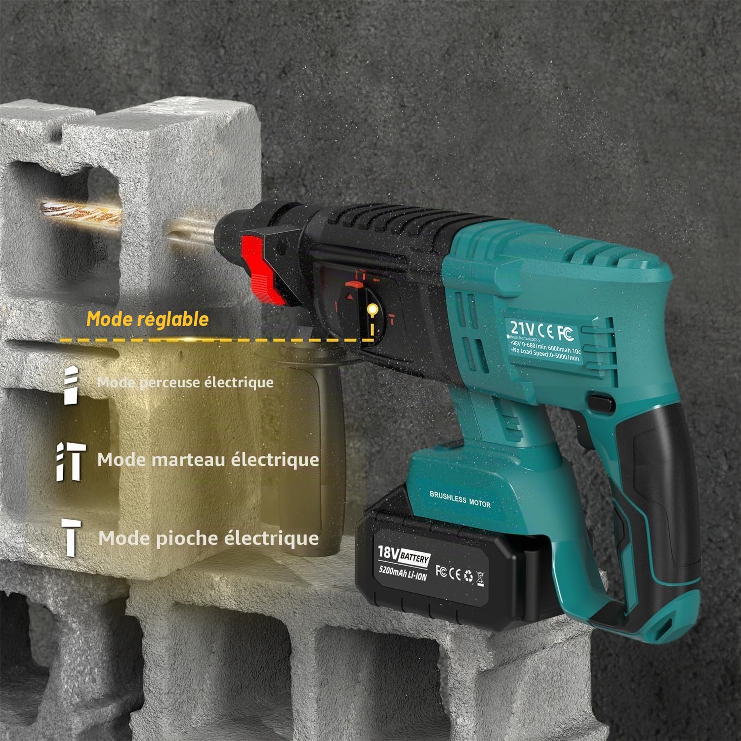 Kits de combinaison d'outils électriques sans fil, ensemble de machine sans brosse de 4 pièces, marteau électrique/broyeuse d'angle/clé d'impact/forage, avec batteries 2 * 5200mAh et chargeur