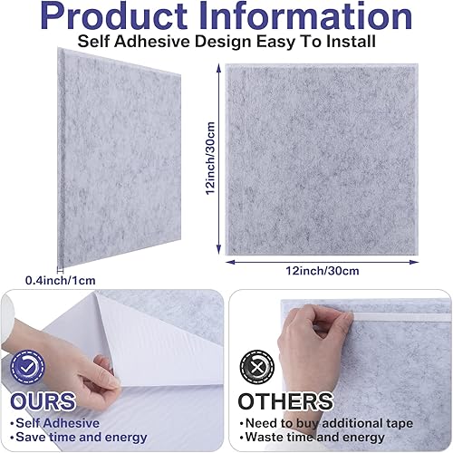 Miniatura 10 de 60 paneles acústicos de 12 x 12 x 0.4 pulgadas, tablero cuadrado de absorción de sonido, paneles de pared autoadhesivos insonorizados, azulejos de