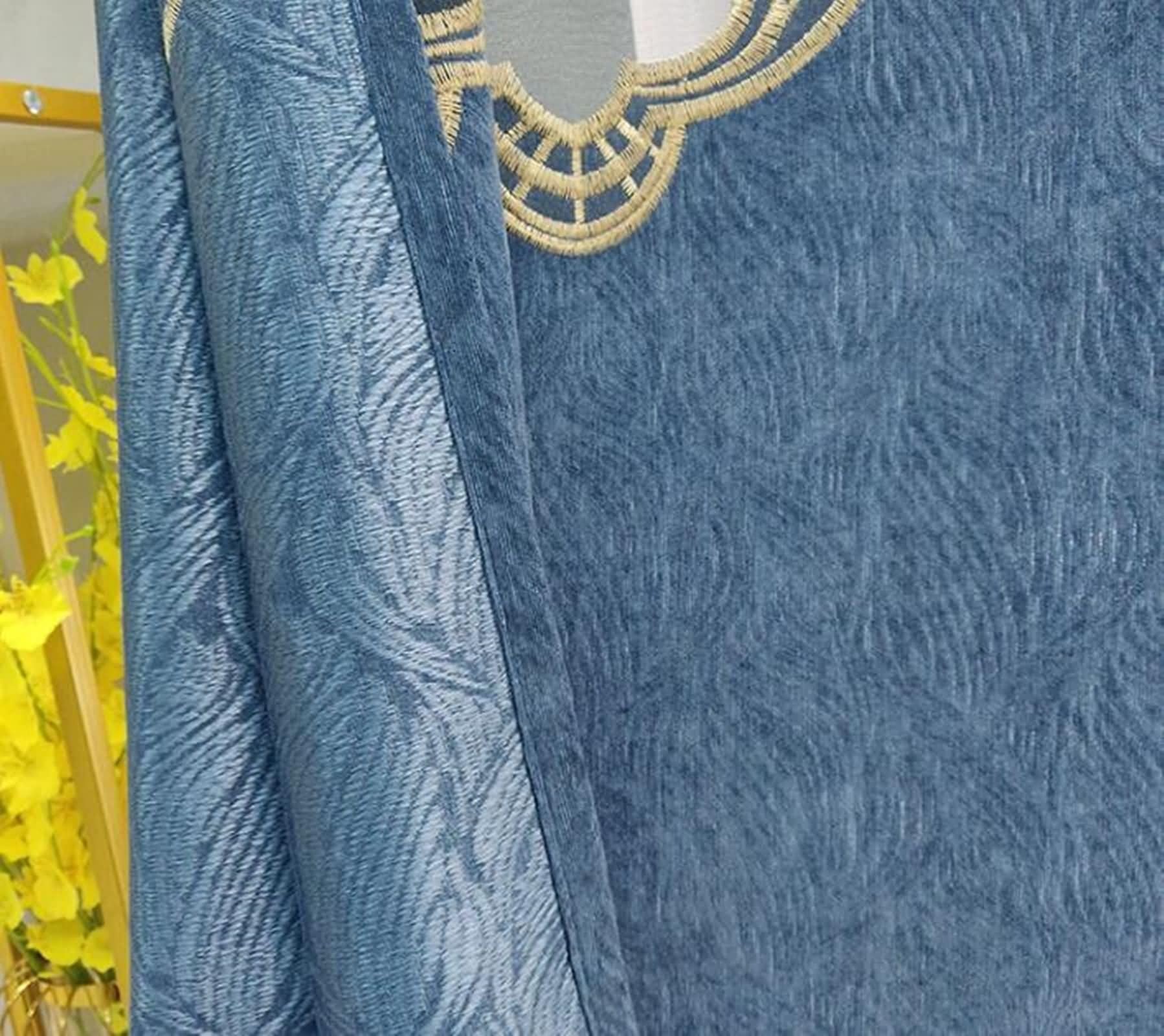 Wycian Barre Rideau Rideau Cuisine Bleu 2 Panneaux Chenille Motif de Broderie 96L x 138H Cm