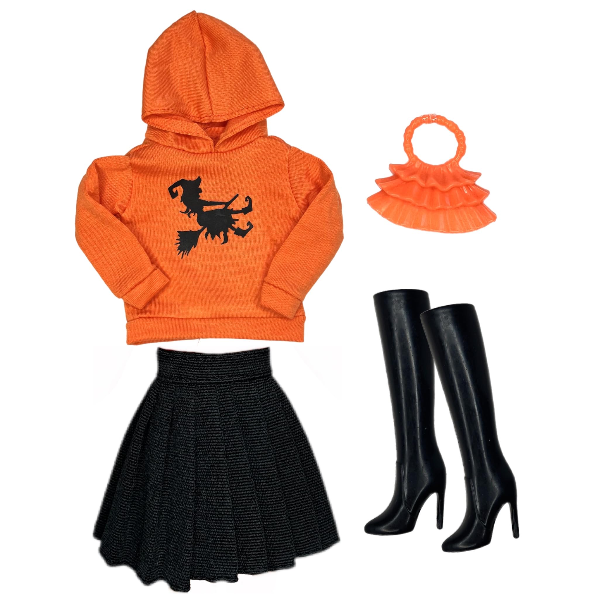 Halloween Fashion Pack Clothes Set for 12 inch Doll Orange Hoodie & Skirt & Boots (Witch)
