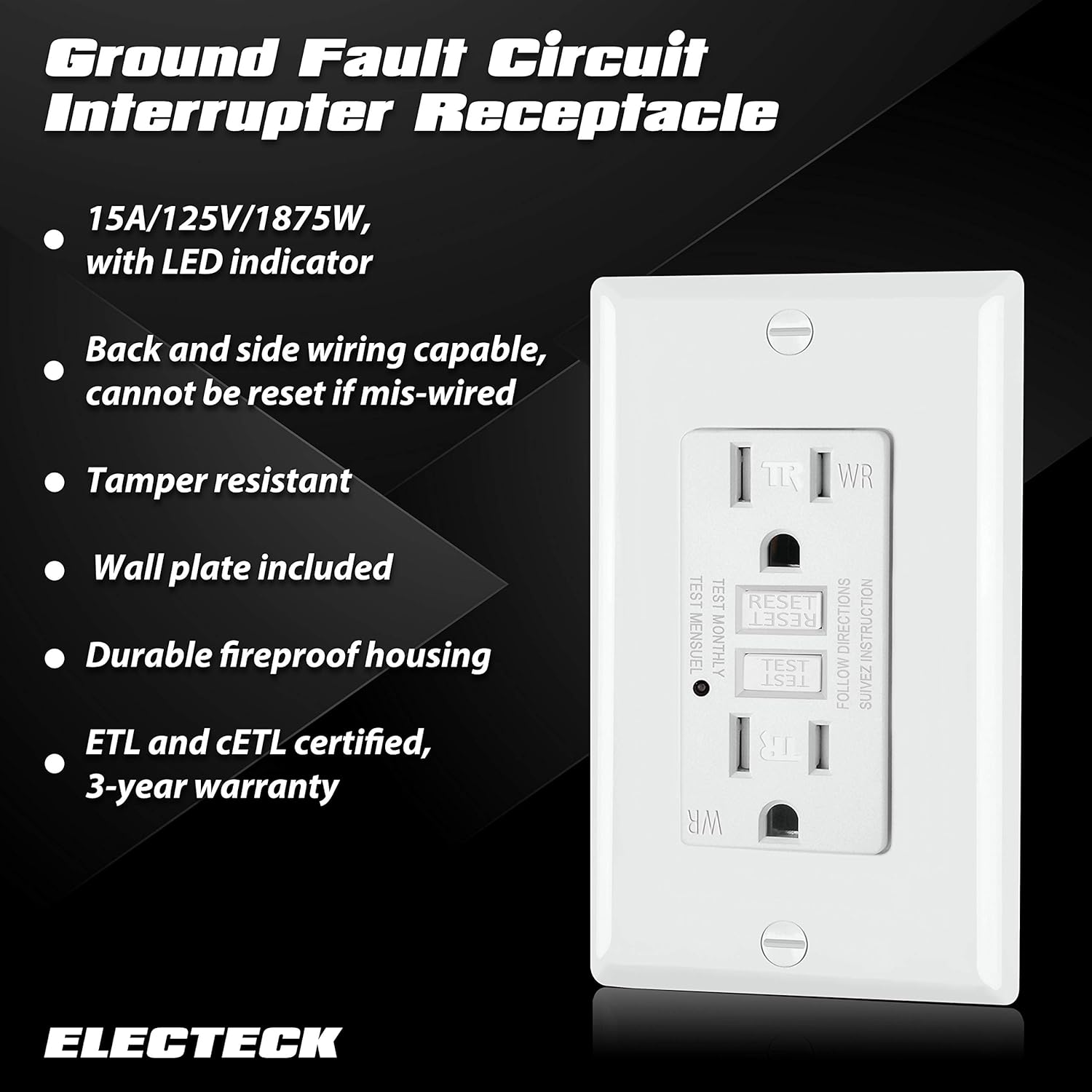 Best Cyber Monday 🔥 10 Pack - ELECTECK Weather Resistant GFCI Outlet, Outdoor Ground Fault Circuit Interrupter with LED Indicator, 15-Amp Tamper Resistant Receptacle, Decorator Wall Plate Included, ETL Certified, White