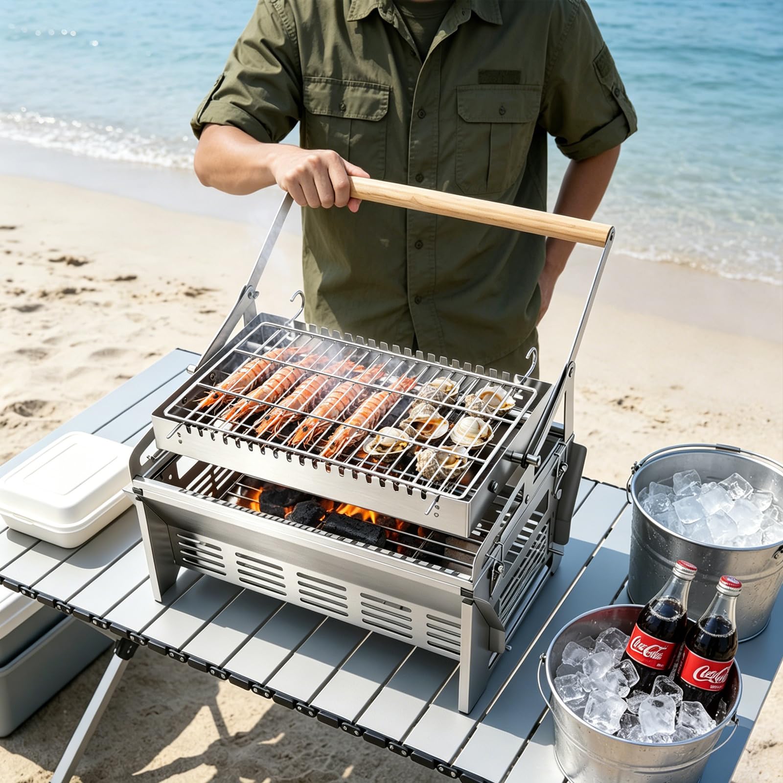 Barbacoa de carbón vegetal giratoria 360°, 2 en 1, de acero inoxidable, 43 x 28 x 39 cm | Tamaño de la parrilla: 22,6 x 36 cm, desmontables y portátiles, barbacoa plegable para camping, picnics, fiestas en el jardín