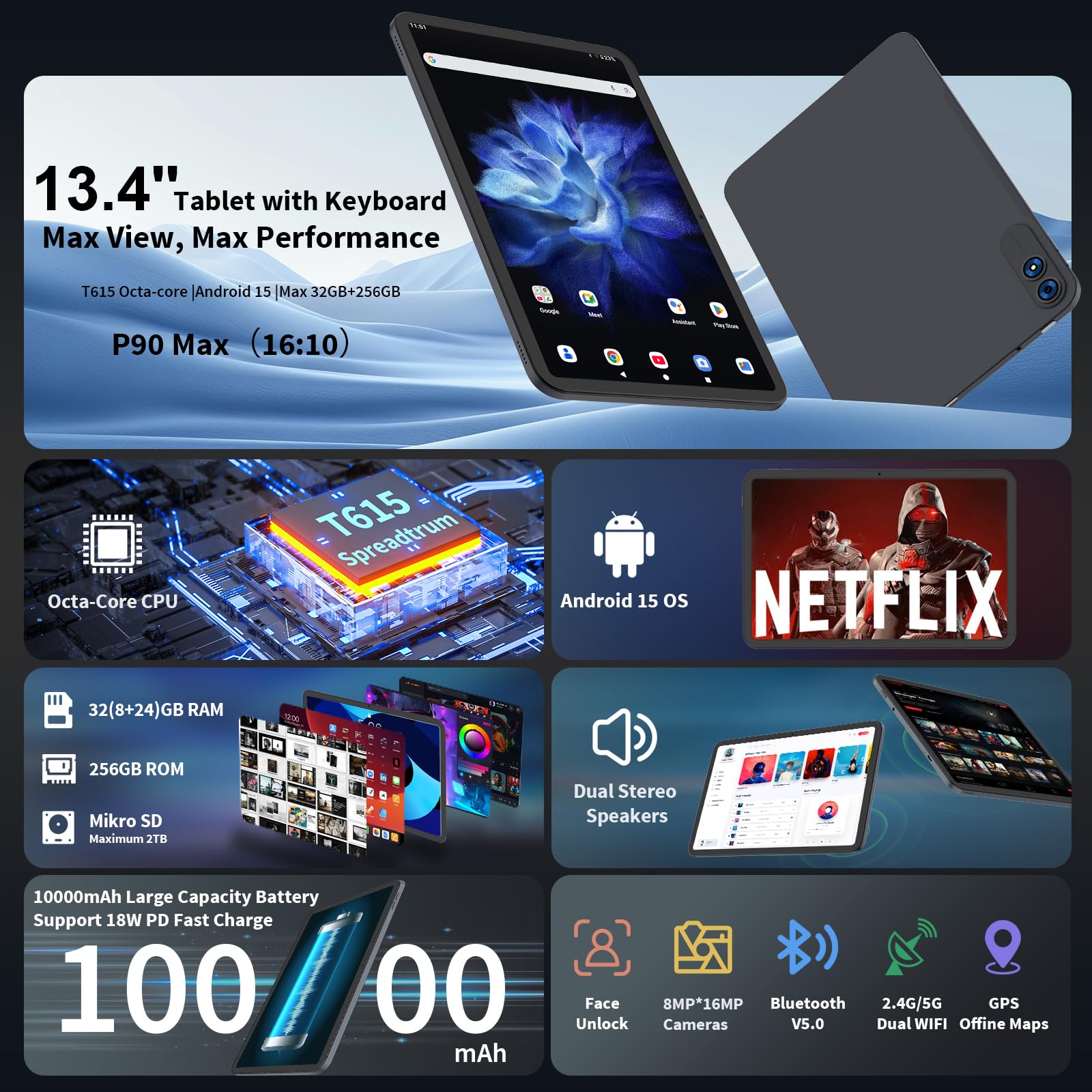13.4 Inch Tablet Android 15 Tablets, 2025 Upgraded Android Tablet with Keyboard, 32GB RAM+256GB ROM(2TB Expand), Octa-Core, 2K 1920x1200 Display, 16MP Dual Camera, 10000mAh, 2.4G/5G WiFi, GPS (Silver)