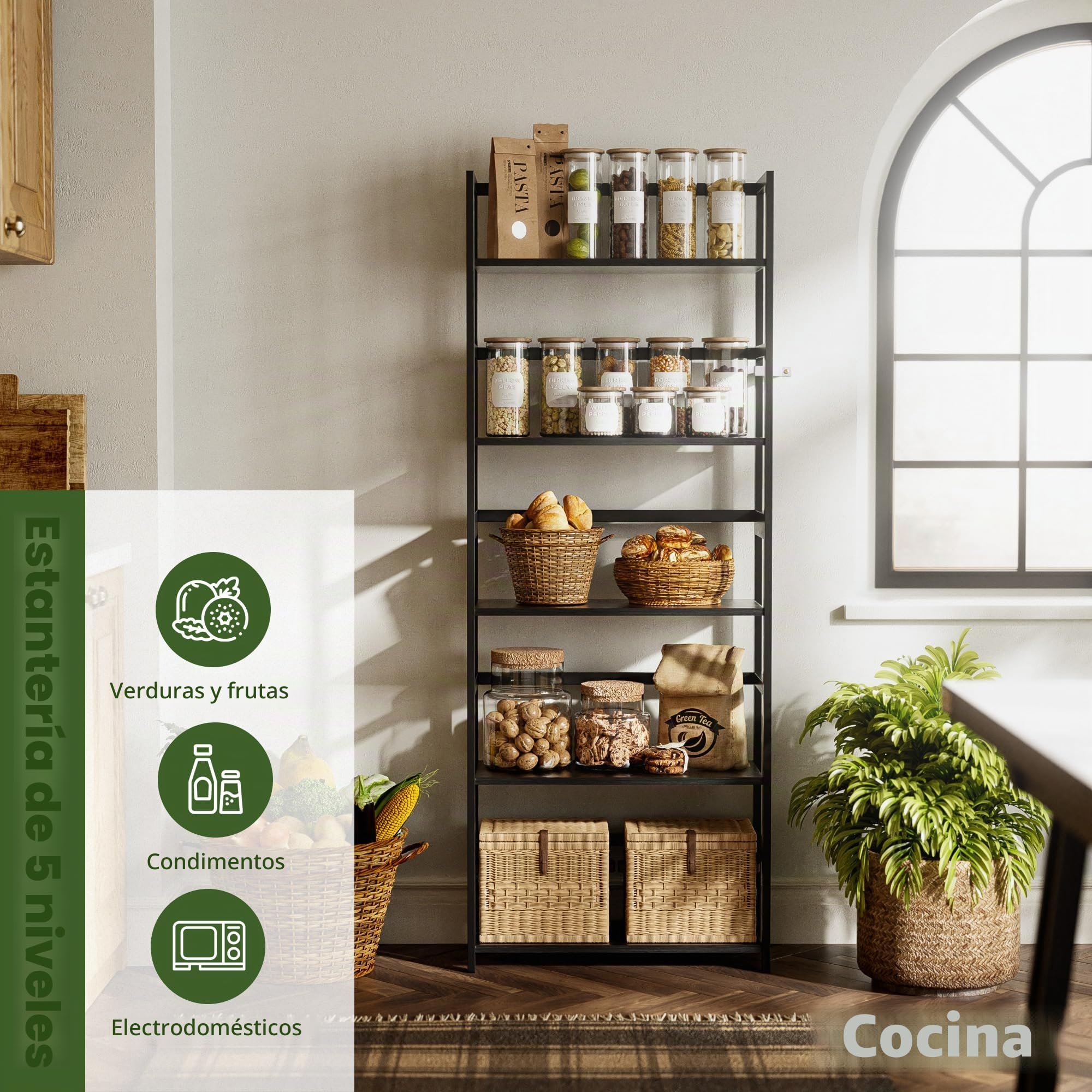 Estantería de Madera de bambú de 5 Niveles, estantería Alta de Almacenamiento, estantería Grande, Organizador Industrial Moderno para el hogar, Oficina, Sala de Estar, Cocina (Negro)