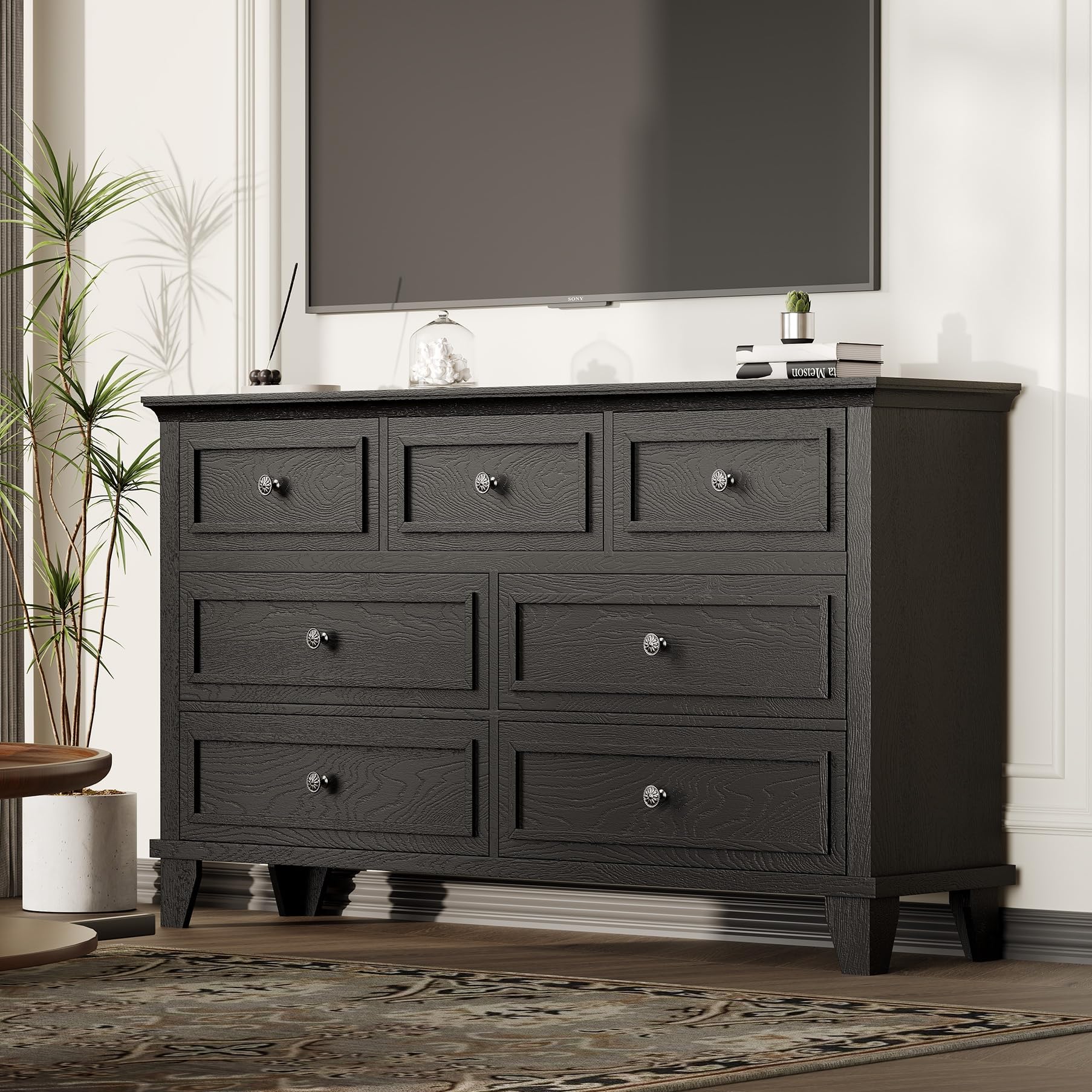 Photo 1 of IDEALHOUSE 7 Drawer Dresser, Large Wooden Storage Chest of Drawers with Exquisite Metal Handles, 47" Wide Dresser TV Stand, Drawer Organizer for Bedroom, Living Room, Hallway, Entryway, Black