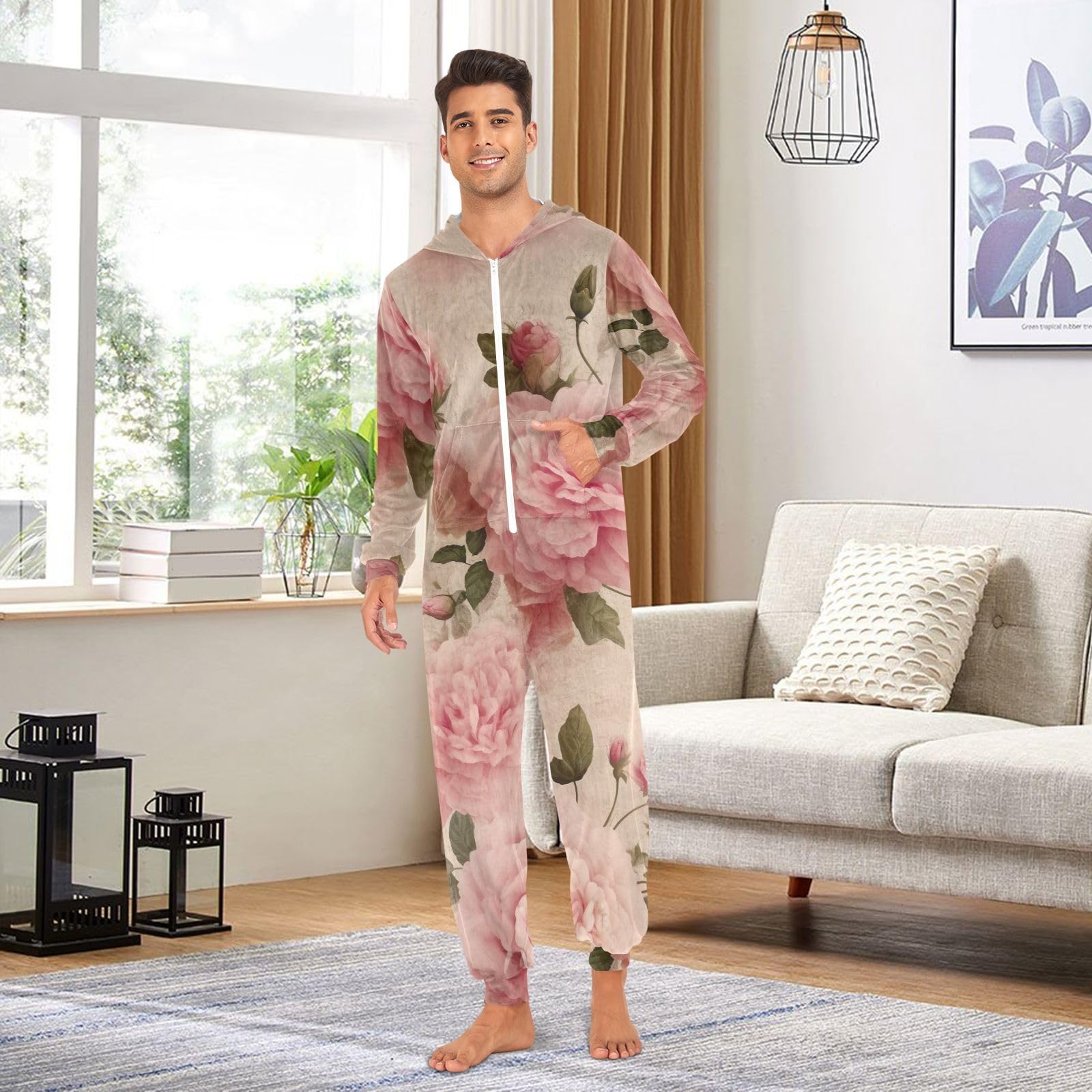 Pigiama intero in pile per adulti con fiori di peonia rosa per donne e uomini con cappuccio e cerniera morbida abbigliamento natalizio