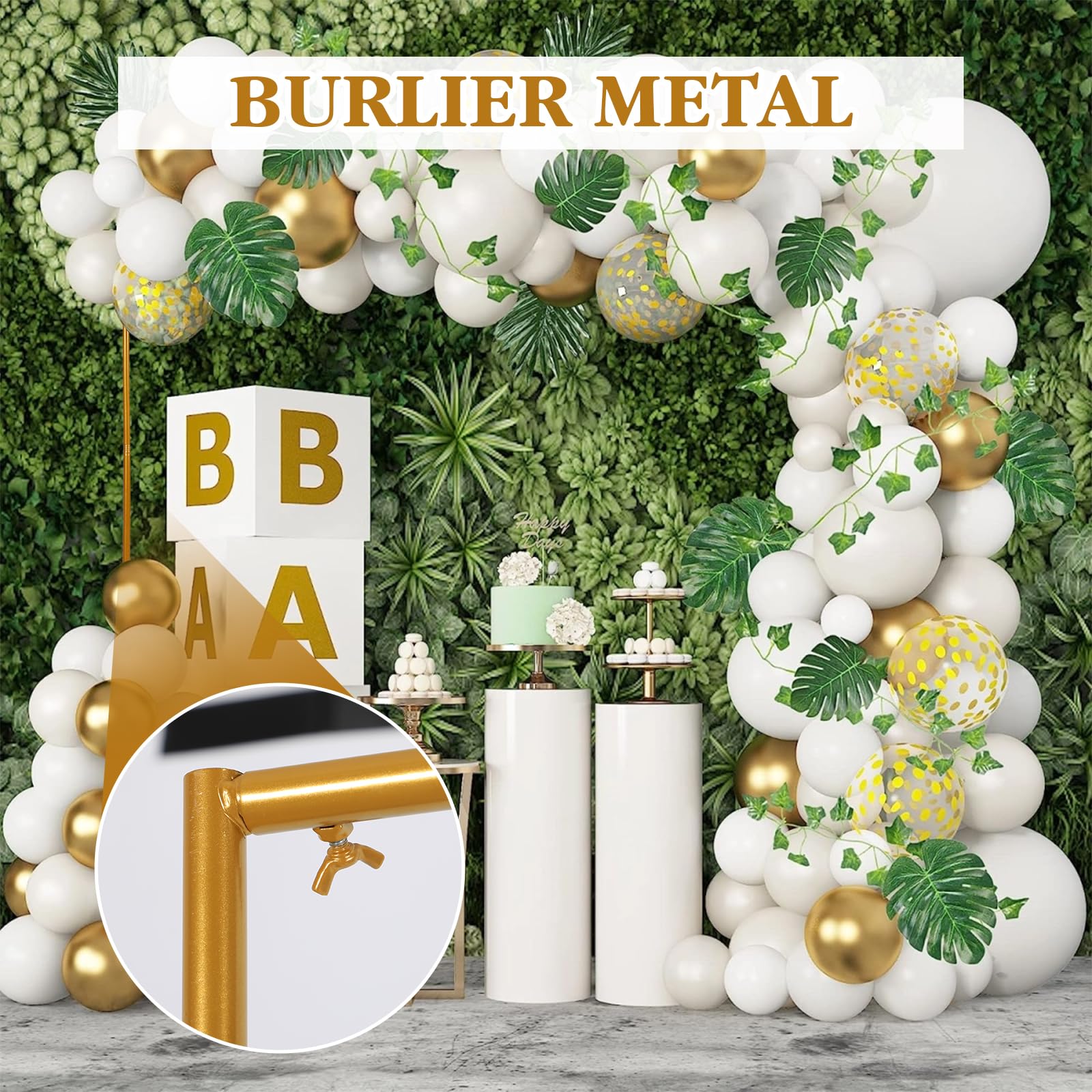 Arco de metal para boda, 2,5 x 2,5 m, ajustable, arco de fondo con base, jardín dorado para aniversario, cumpleaños, fiesta, fondo (6,6 x 6,6 ft)