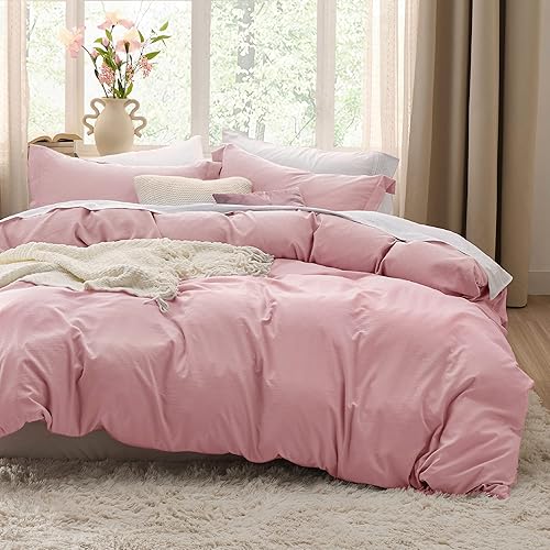 Bedsure Pink Duvet Cover Queen Size - 3 Pieces Prewashed Cotton-Like Extra Soft Bedding Set, Includes 1 Duvet Cover 90x90 Inches with Zipper Closure & 2 Pillow Shams, Comforter Not Included - 09 - Pink (No Comforter) - Queen (90" x 90")