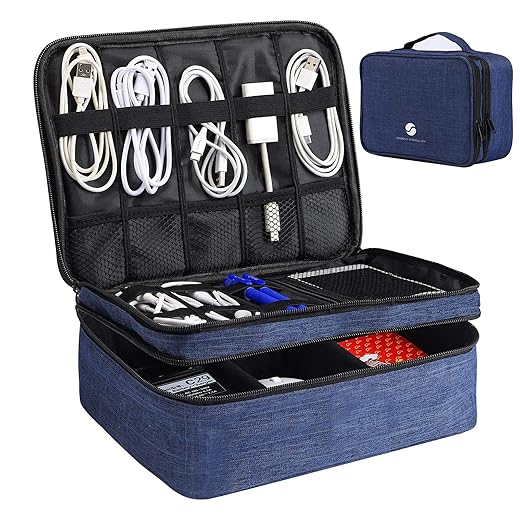 ORIENT FAMULAY Travel Electronics Organizer, Waterproof Cable Organizer Bag for Electronic Accessories Double Layer Large Shockproof Cable Storage Bag for Cord, Power Bank, Tablet(Up to iPad 11 inch) - Royal Blue
