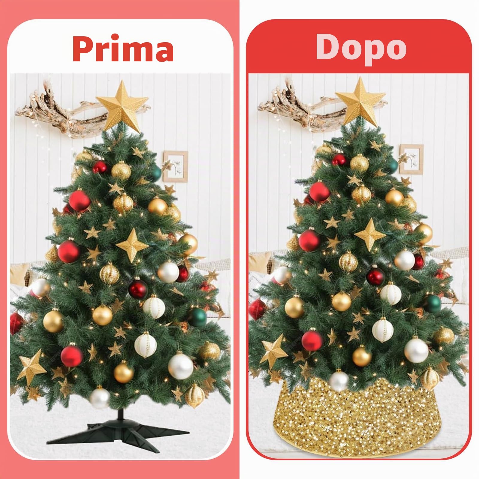Collare per Albero di Natale 60cm, Oro Glitterato Copertura per Base dell'albero di Natale, Rotondo Gonna per Albero di Natales Pieghevole per la Decorazione Natalizia