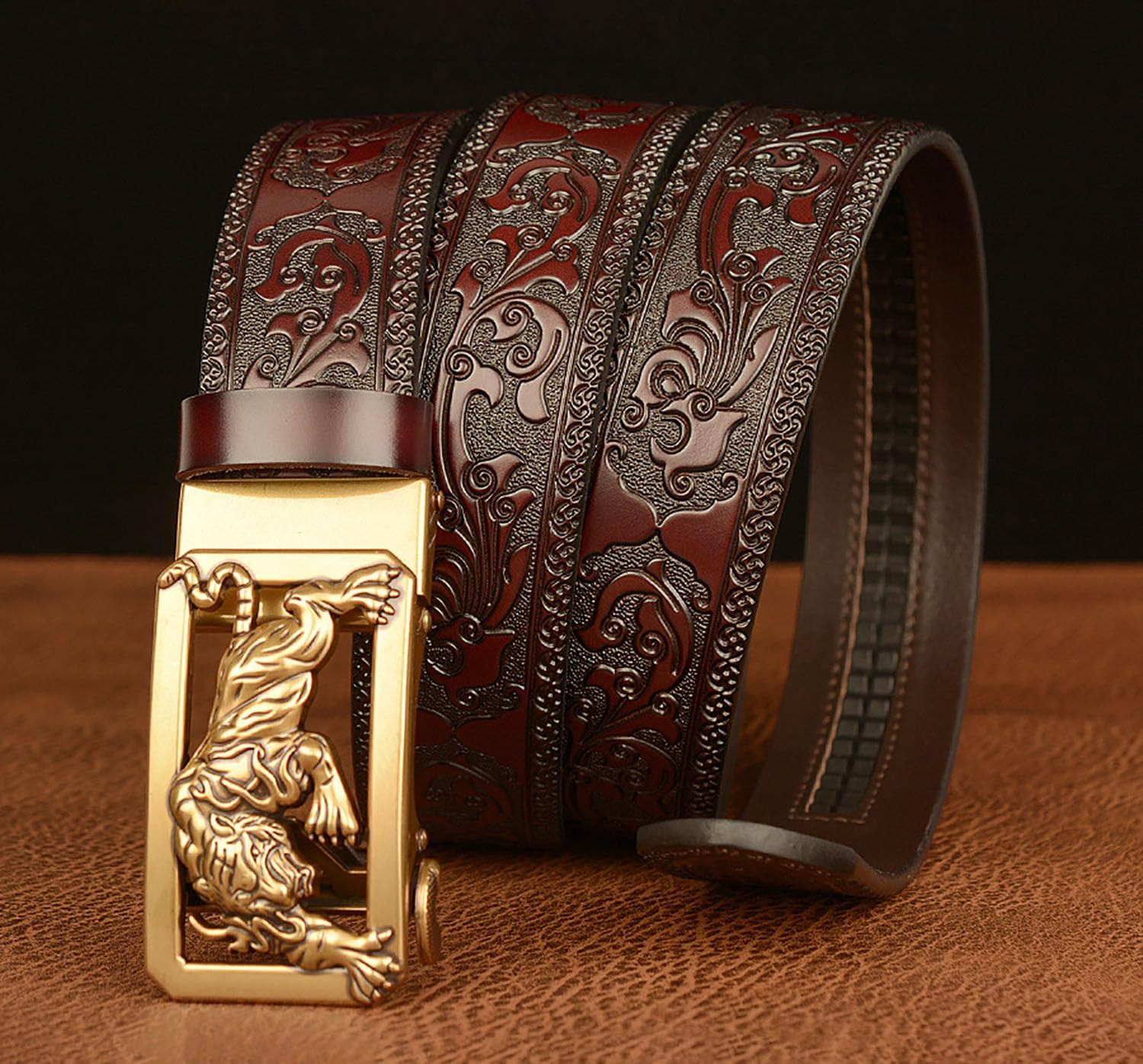 Mens Ratchet Leather Belt, Genuine Leather belts, Engraved Vintage Dragon Eagle Tiger Buckle, Business leisure belt - Image 5