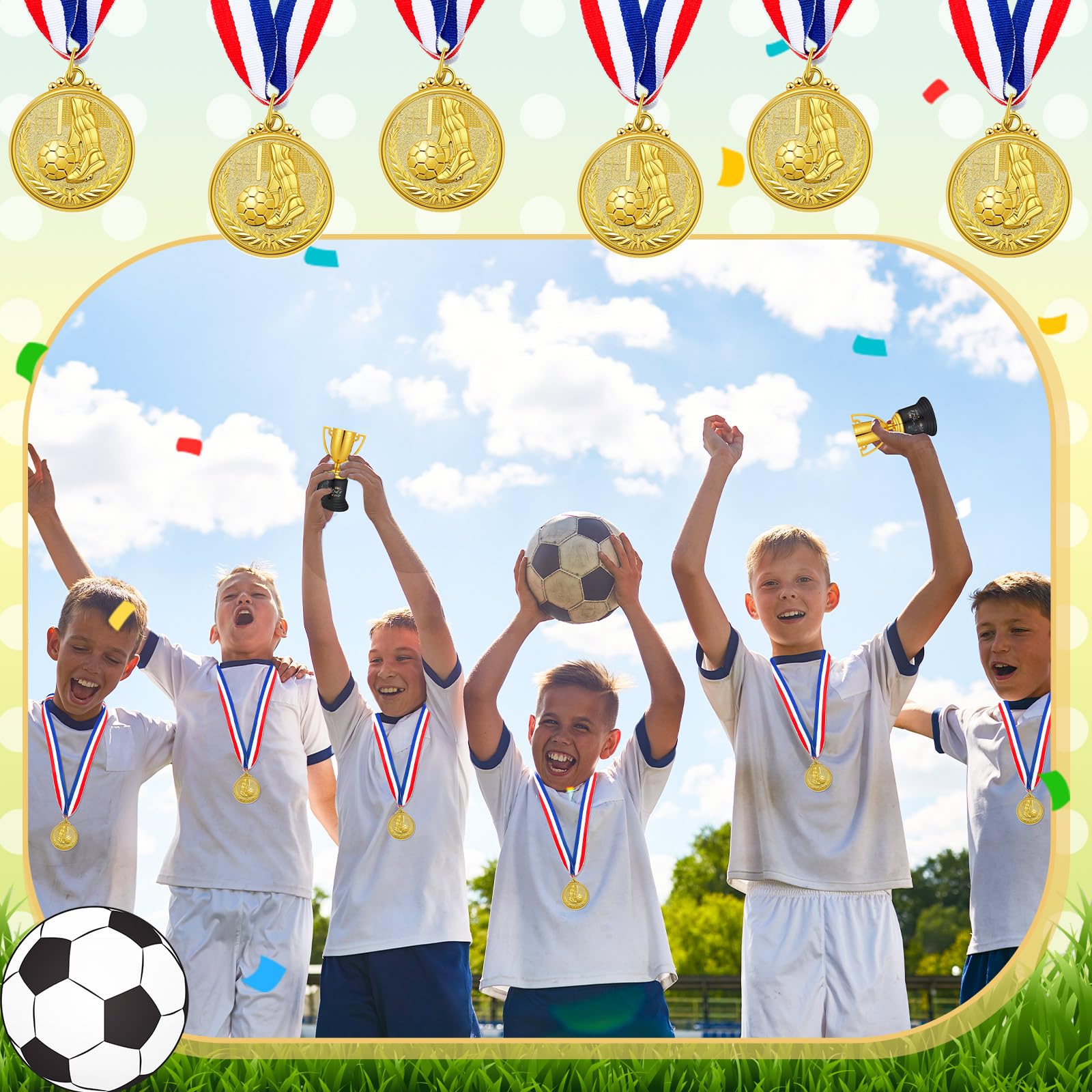 Tondiamo Juego de 24 medallas y trofeos de fútbol para niños, incluye 12 trofeos de fútbol de plástico dorado de 5.12 pulgadas y 12 medallas de 2 pulgadas para niños, premios de equipo de fútbol