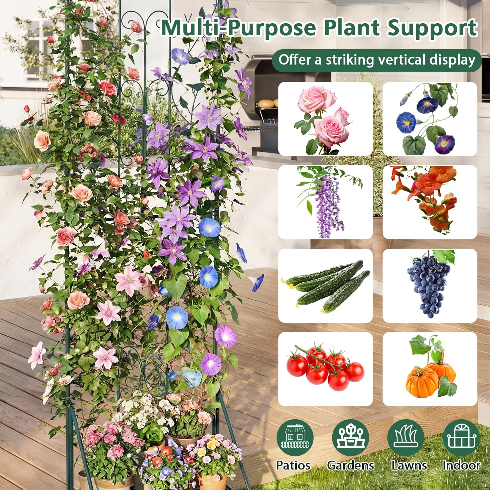 FANTASK Griglia per traliccio in metallo 3 in 1, con base, recinzione decorativa da giardino e scaffale per fiori, per piante rampicanti, fiori e verdure (verde scuro)