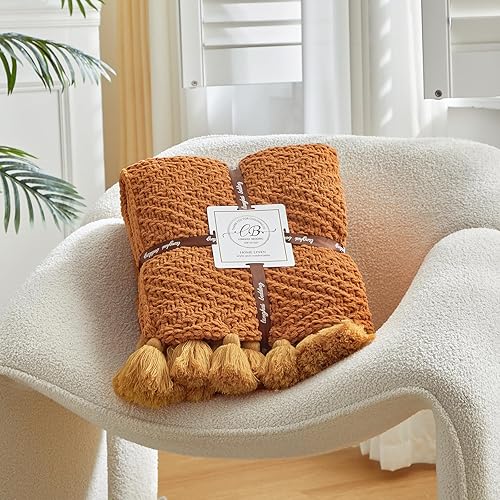 Miniatura 8 de Manta de punto naranja óxido con flecos, manta de punto grueso de felpilla suave y ligera para sofá, cama, exteriores y viajes, 51 x 63 pulgadas,