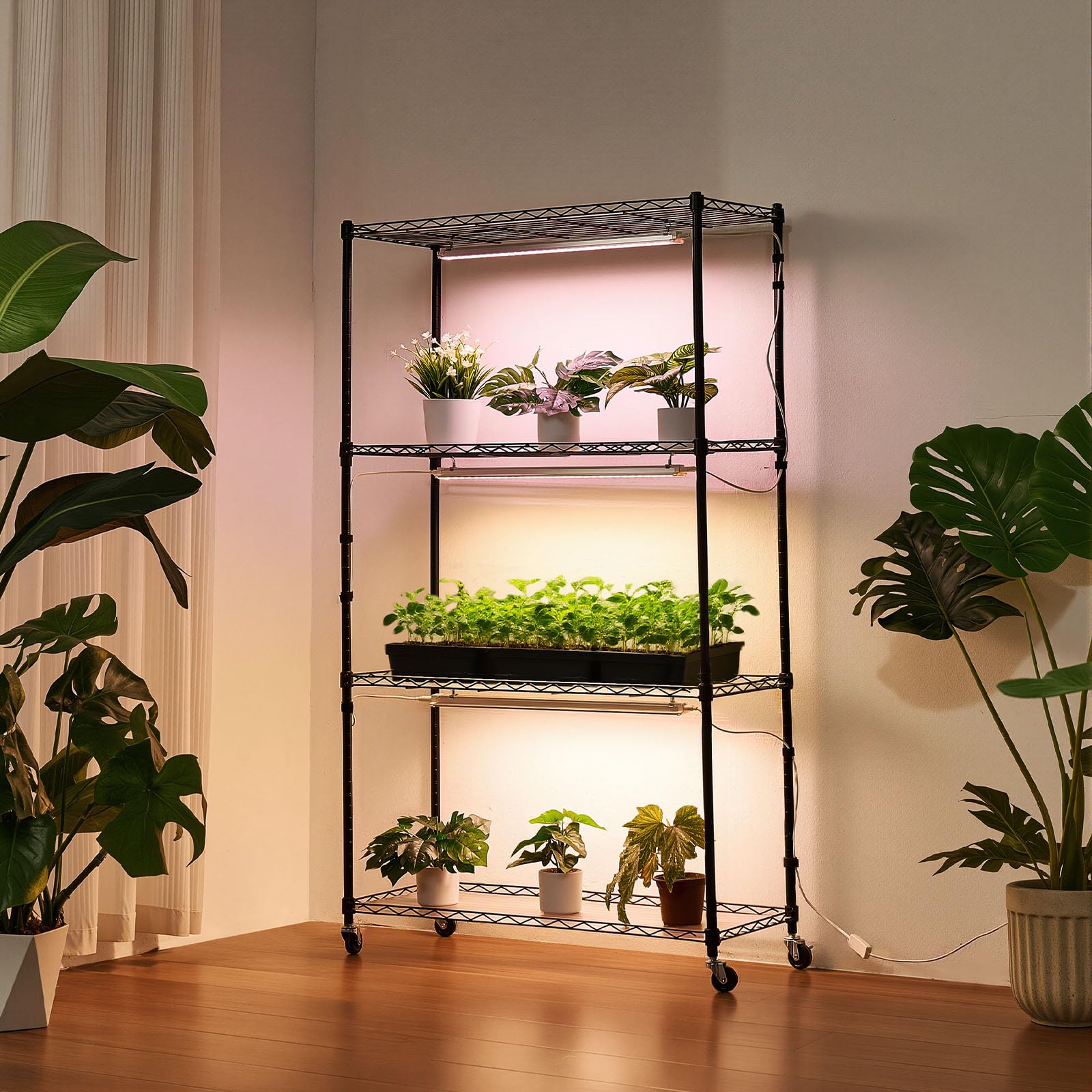 VEVOR Stojak na rośliny z oświetleniem do uprawy 4 poziomów 150 cm 90 W, stojak na rośliny z gumowymi kółkami, 3 regulowane tryby oświetlenia, do wzrostu roślin, 900x350x1500 mm