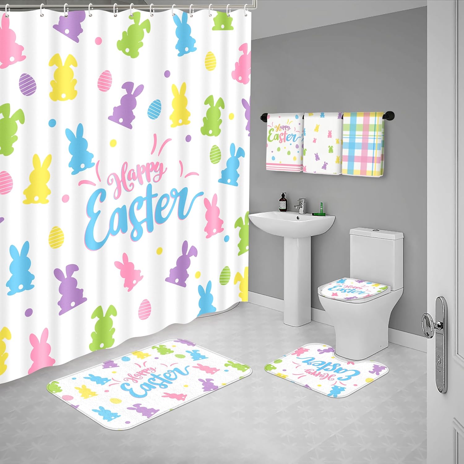 Tieshankao 7Pcs Easter Shower Curtain Bathroom Set - Bunny Non Slip Rugs Toilet Lid Cover Bath Mat Towels Decor with 12 Hooks