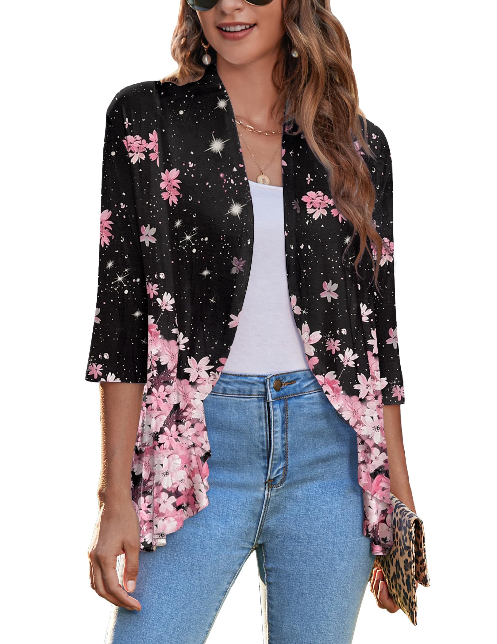 Zeagoo Women's Open Front Cardigan 2026 Spring Summer Lightweight 3/4 Sleeve Draped Ruffles Cardigans S-3XL