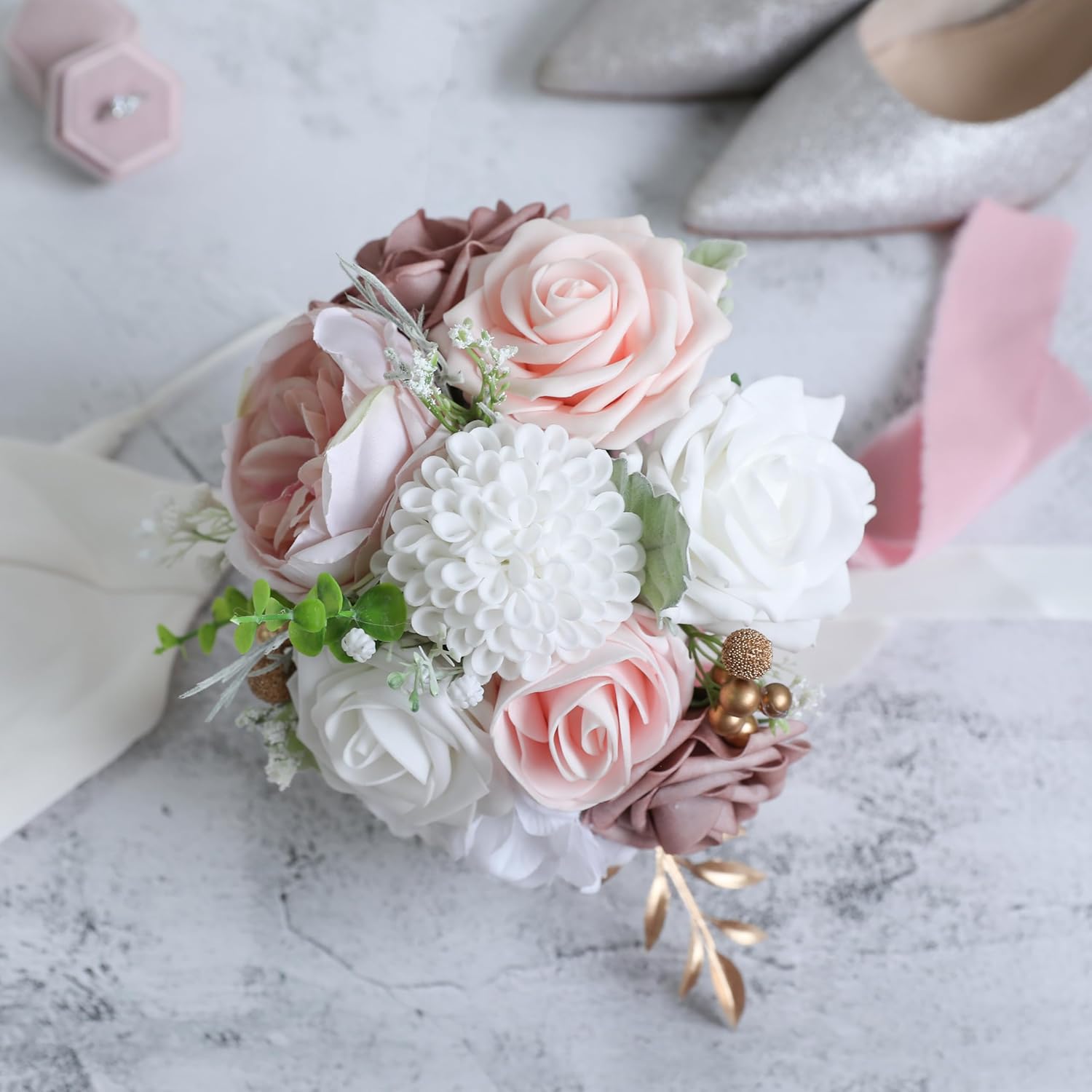 ponatia Dusty RoseWedding Bouquets for Bride Bridesmaid, Blush Pink Wedding Artificial Roses Flowers for Wedding Bouquets Ceremony, Anniversary (Dusty Rose & Blush) - Image 2