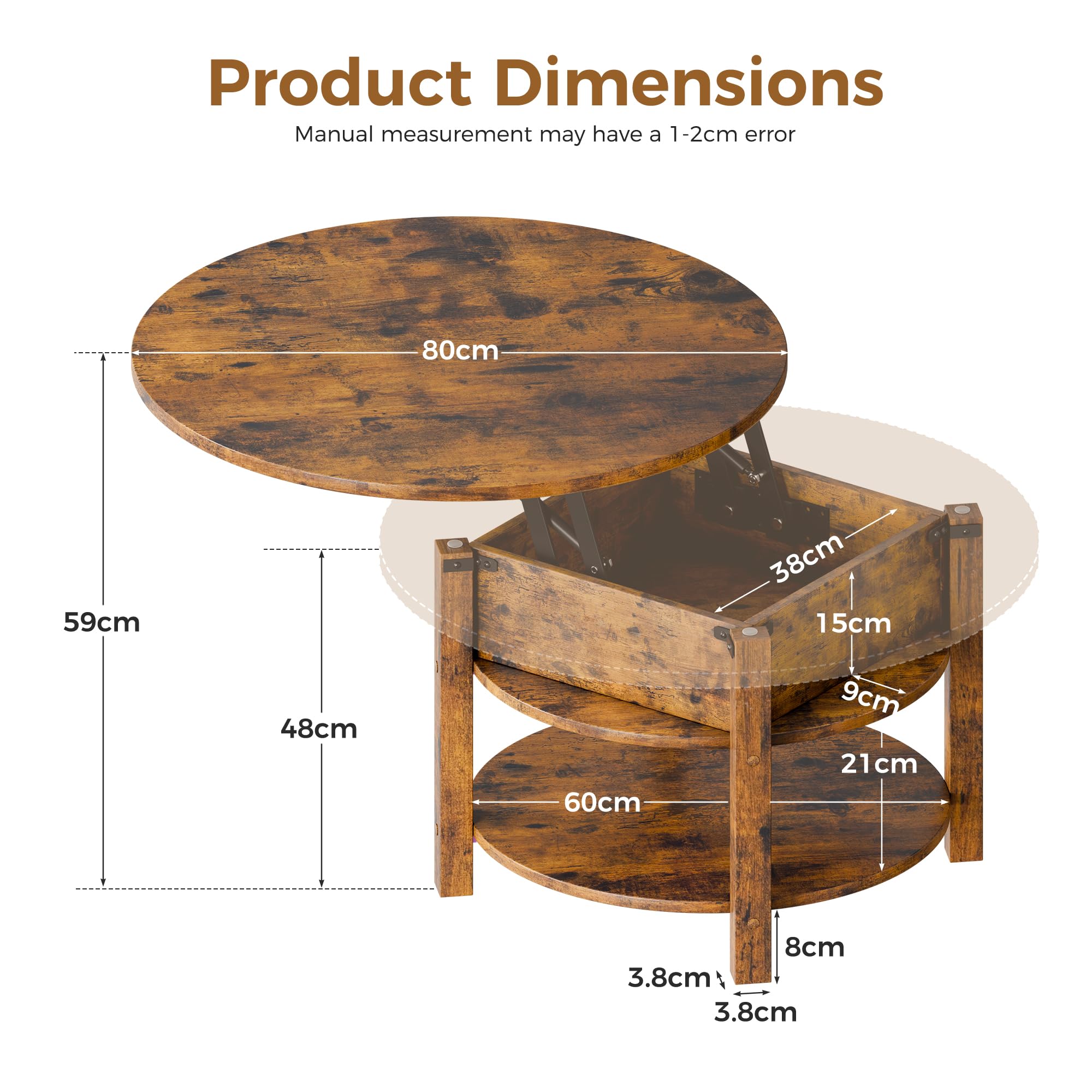 ELUCHANG Table Basse avec Rangement Caché RondeTable Basse Plateau Relevable 2 en 1 pour Salon et Bureau, Forte Charge Portante, 80x80cm, Marron Rustique