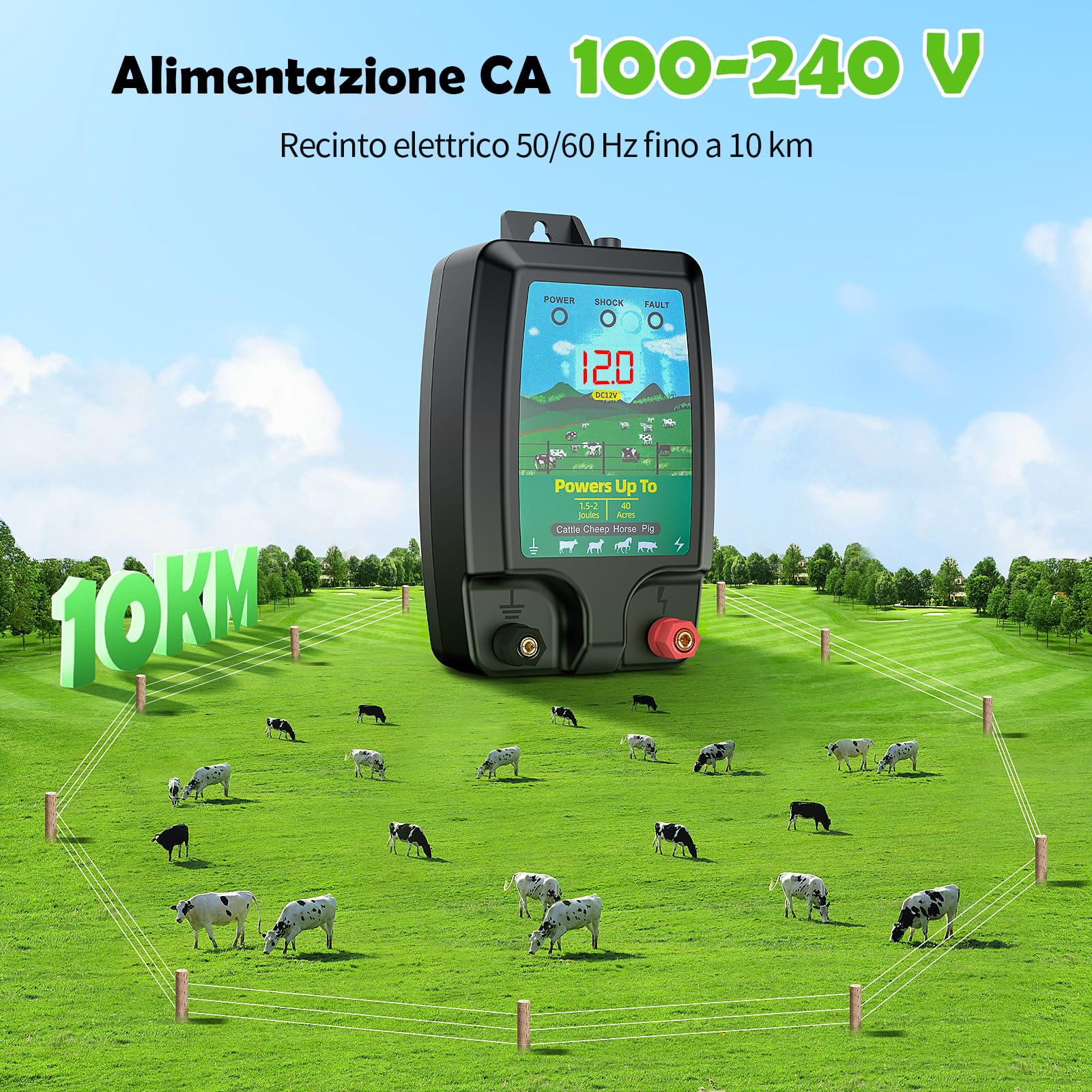 10KM Recinto Elettrico per Animali, Potente Elettrificatore per Recinzione Elettrica da 2 J con display LCD, Recinzione Elettrica Impermeabile IP44 ad Alta Potenza per Fattoria, Giardino, Pascolo