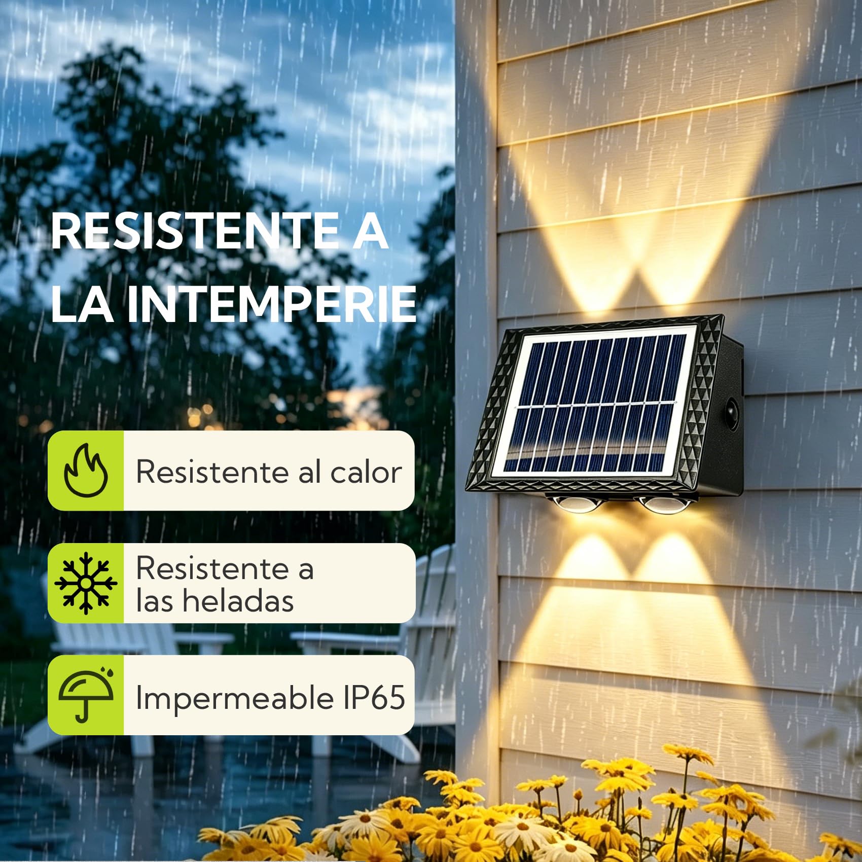 Aplique Solar Exterior 8 LEDs 3000K Blanco Cálido, Lámpara Solar de Pared Impermeable IP65 Iluminación Arriba y Abajo, Luces Solares para Jardín, Valla, Terraza, Muros y Escaleras, Pack de 4