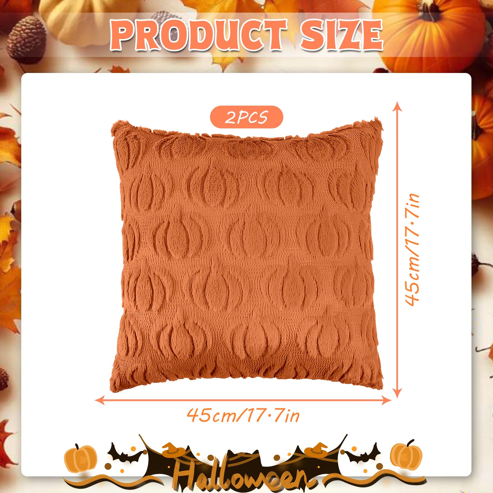 2 Housses De Coussin Halloween Citrouille - 45x45 Cm - Velours Orange/Marron - Décoration Automne