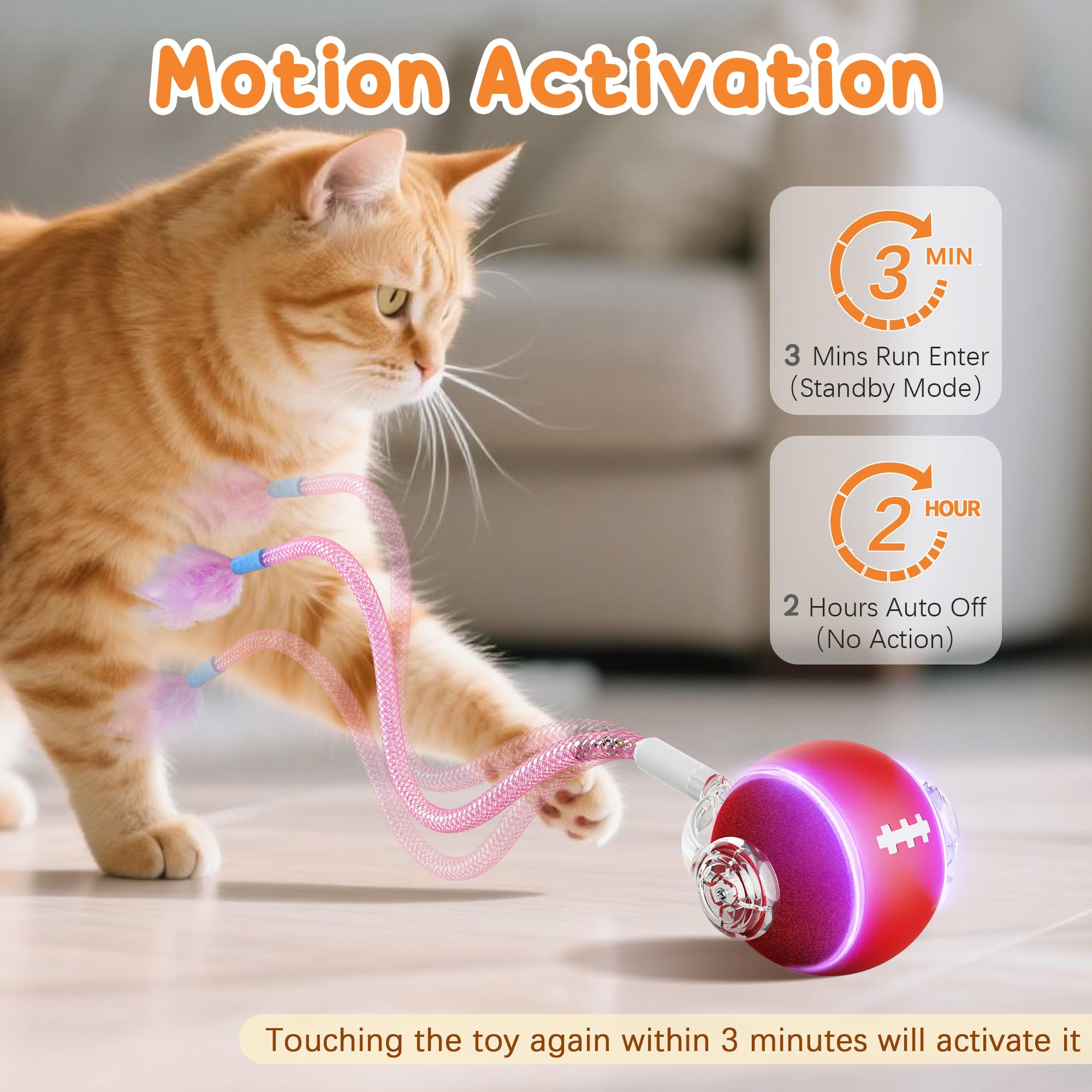 Interaktives bewegliches Katzenspielzeug mit Federn, roter Ball mit Netzstab, Katzenspielzeug für Indoor-Katzen