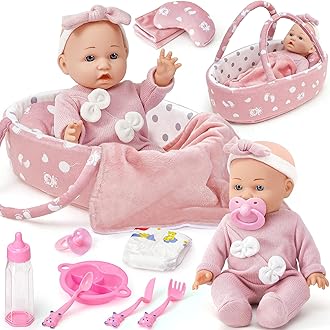 Baby Doll Set, 12 Inches Baby Born Dolls for Girls, Baby Doll Accessories with Clothes Carrier Bassinet Bed Bottle Feeding Set, Pretend Play Toddler Toys Gift for 3 4 5 6 Years Old Girls