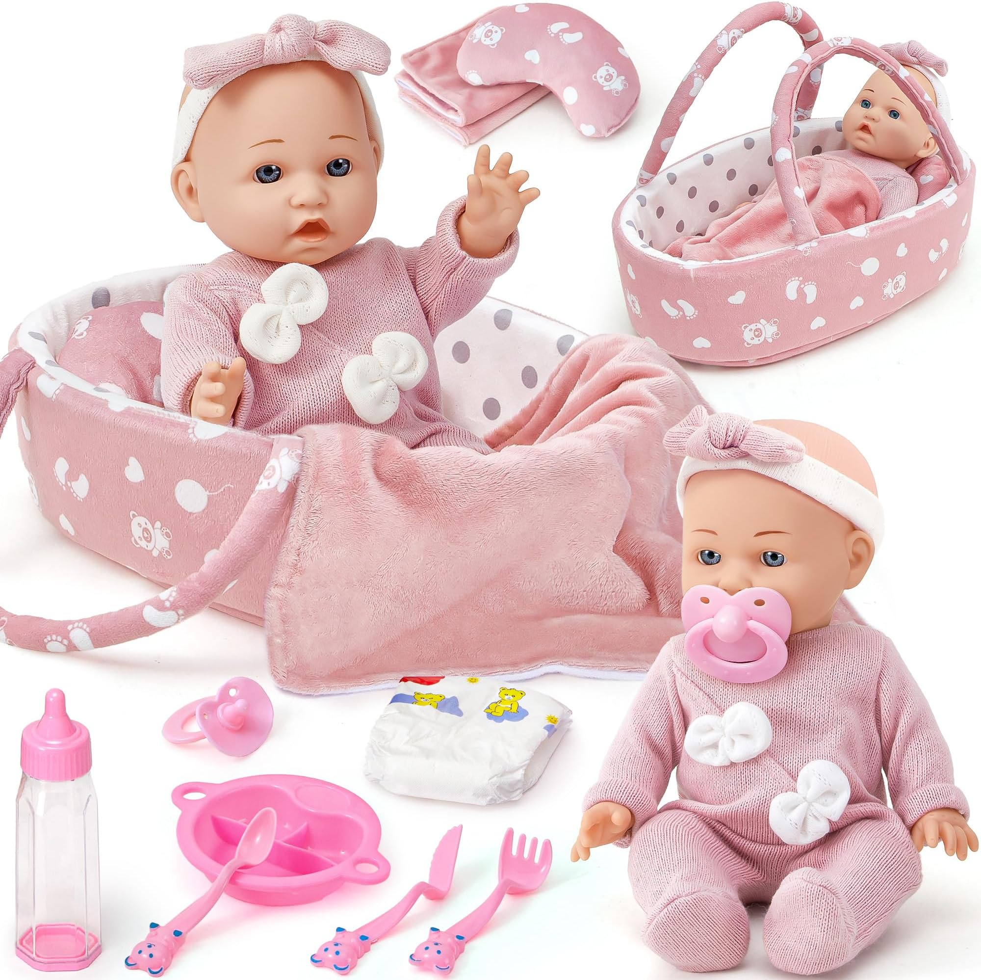 Baby Doll Set, 12 Inches Baby Born Dolls for Girls, Baby Doll Accessories with Clothes Carrier Bassinet Bed Bottle Feeding Set, Pretend Play Toddler Toys Gift for 3 4 5 6 Years Old Girls