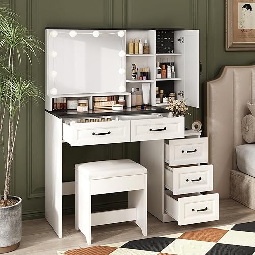 Fameill Escritorio de tocador con estación de carga, parte superior de cristal vintage, juego de mesa de maquillaje, espejo, 5 cajones, 3 modos de