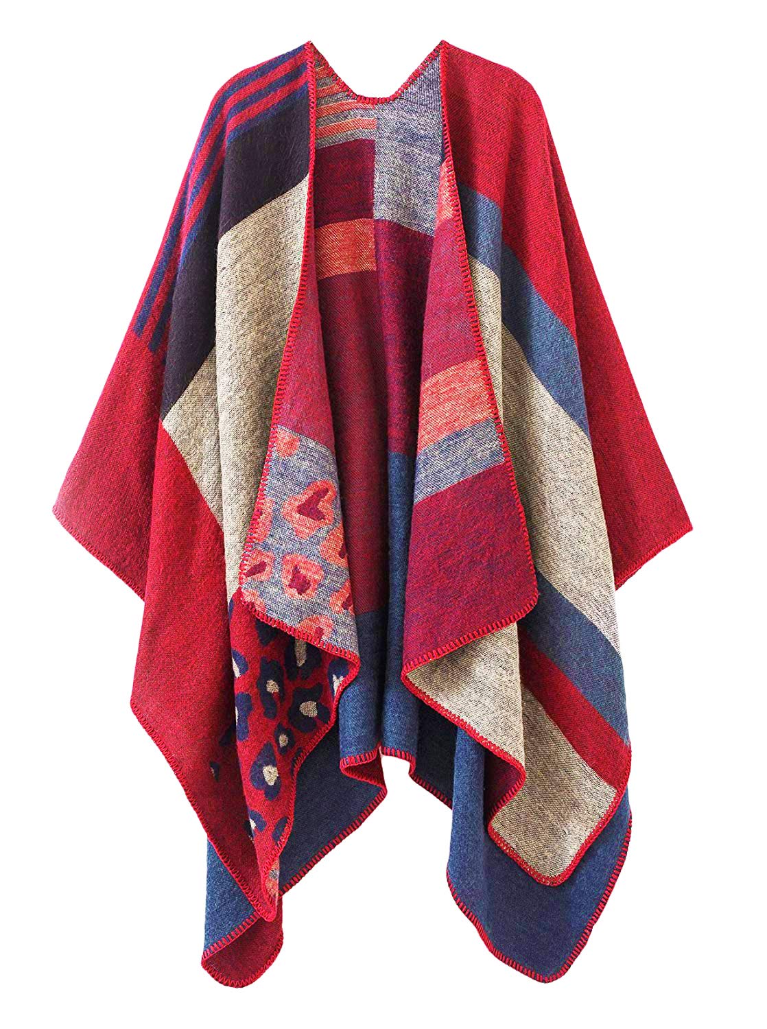 Shmily Girl Womens Reversible Oversized Blanket Poncho Cape Shawl Cardigans (One Size, Leopard/Red)