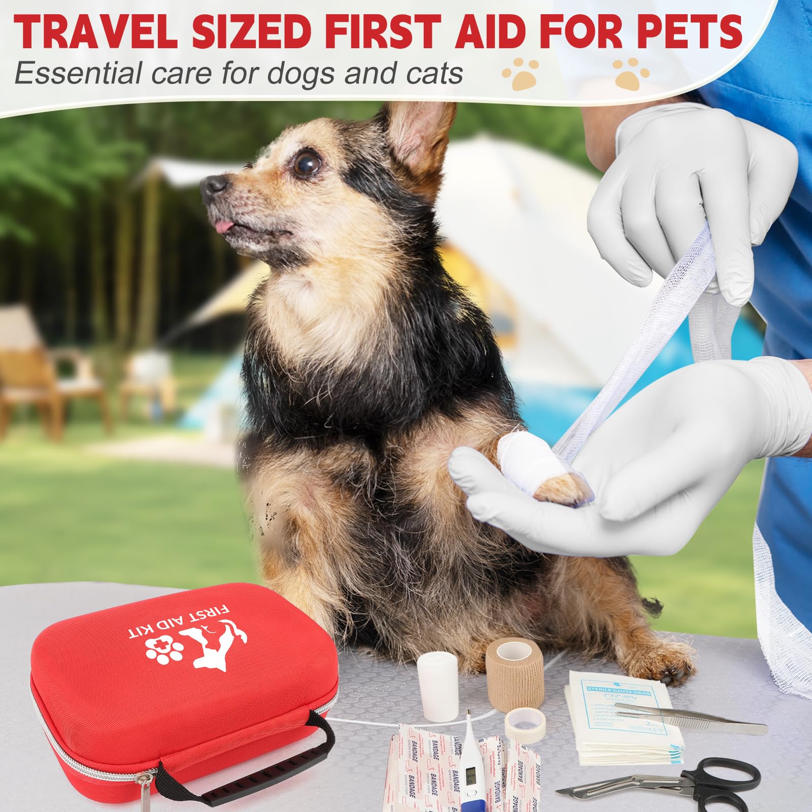 AOBOPLE Kit de primeros auxilios para mascotas, cuidado esencial para perros y gatos, incluye 83 artículos para una protección total de tu mascota, ideal para viajes, camping, uso doméstico