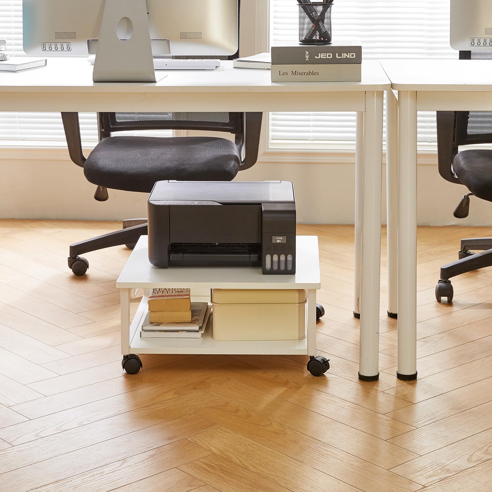 IBUYKE TLJ008W Support d'imprimante de bureau à 2 niveaux avec roulettes, table roulante robuste avec dossiers de rangement, pour livres, fax, scanner, bureau à domicile