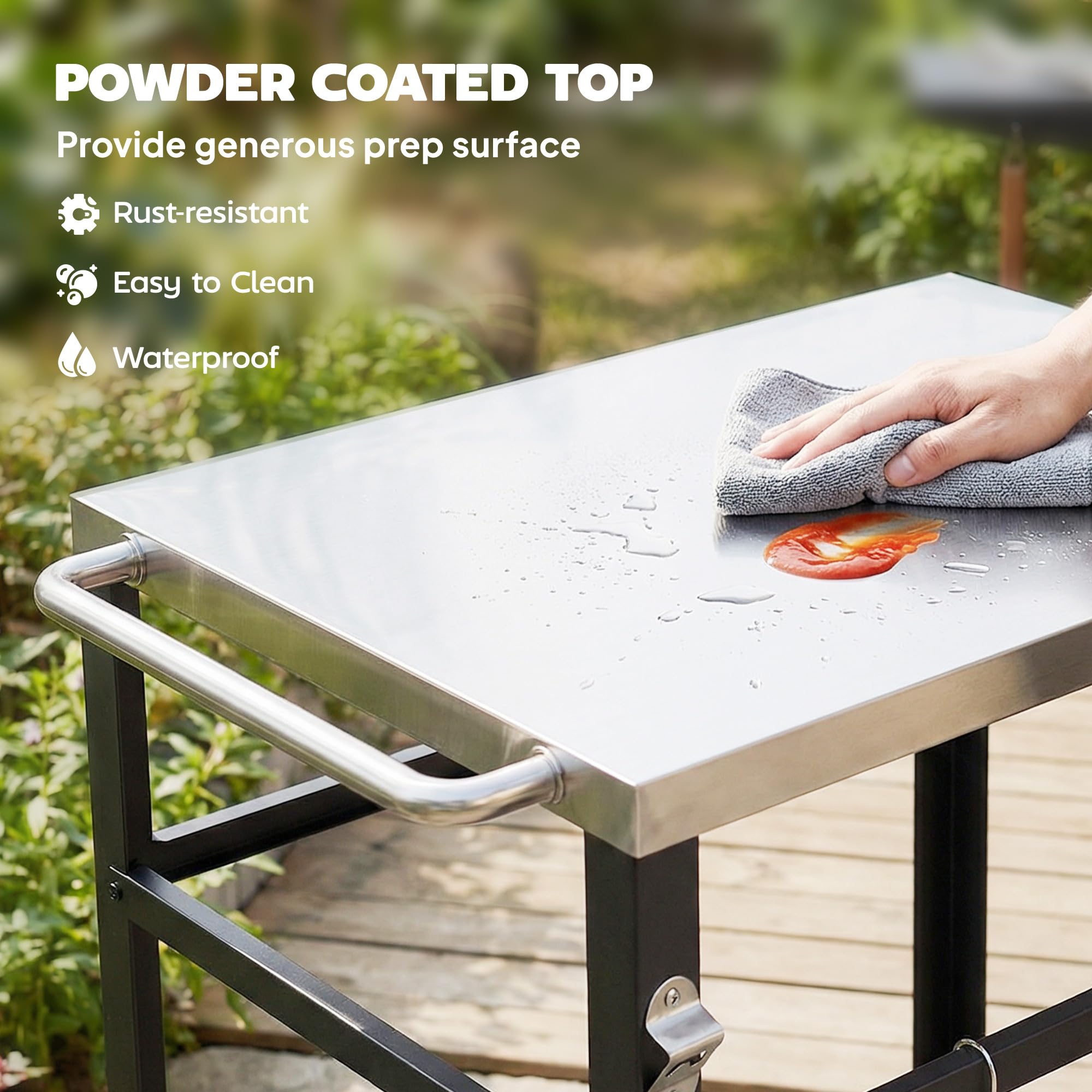 Outsunny Outdoor Grill Cart, Pizza Oven Stand with Stainless Steel Tabletop for Food Prep, 2-Tier Rolling Kitchen Prep Station with Hooks, Handle, Lockable Wheels, Black - 4