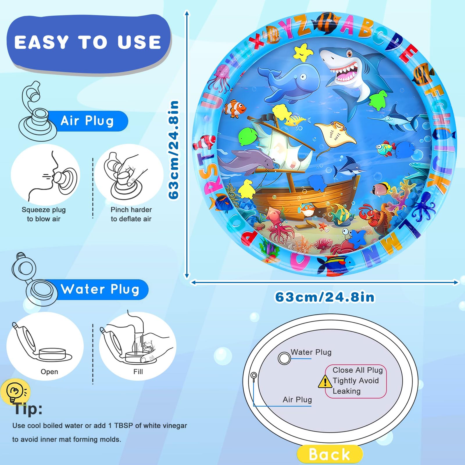 Tapis Eau Bebe Eveil, 63 x 63 cm Aquarium Bebe, Tapis Eau Gonflé Enfant PVC Imperméable, Motif de Dauphin Tapis Sensoriel Bébé, Rond Tapis pour d'eau Bébé 3 6 9 12 Mois