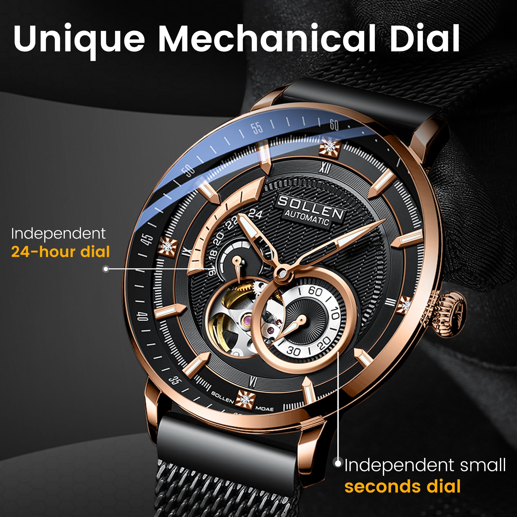 SOLLEN Automatische Skelettuhr für Herren, mechanische Uhr mit 24