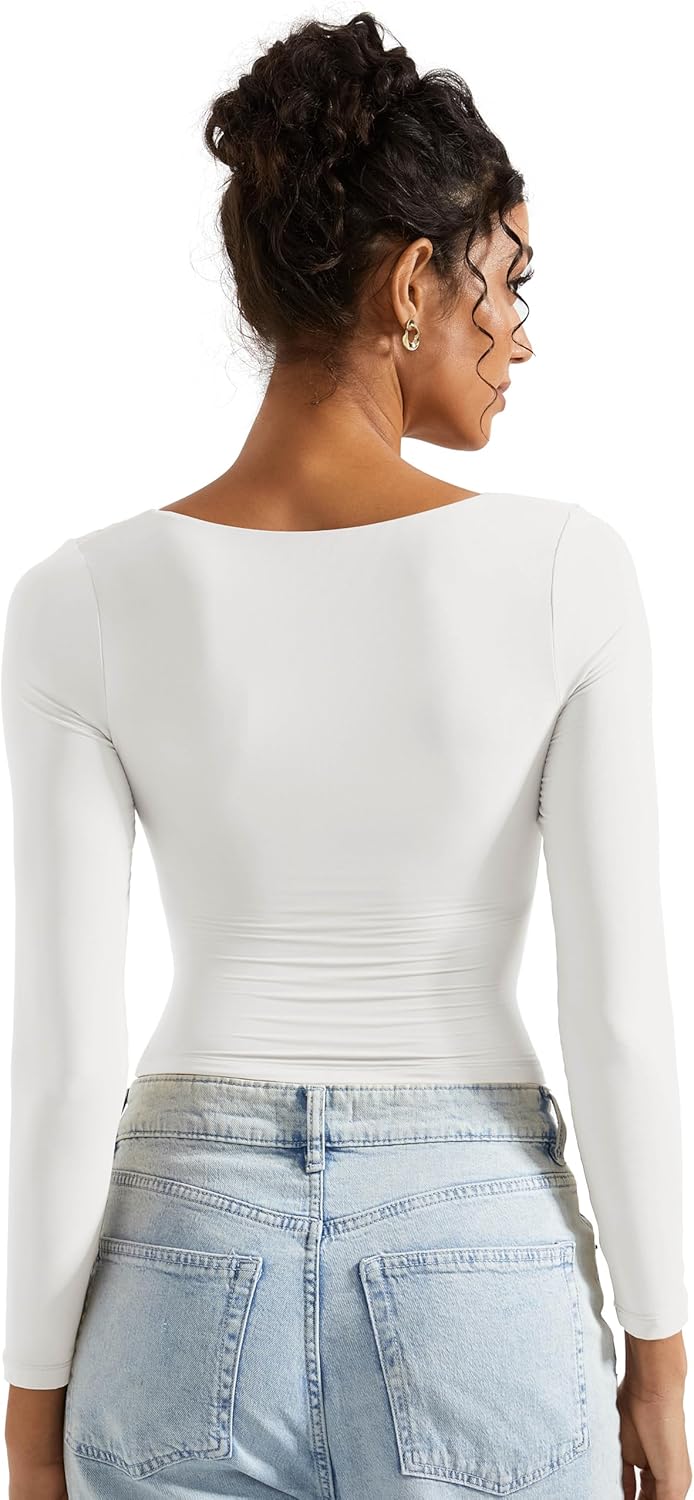 SUUKSESS Women Square Neck Long Sleeve Tops Double Lined Going Out T Shirts - Image 3