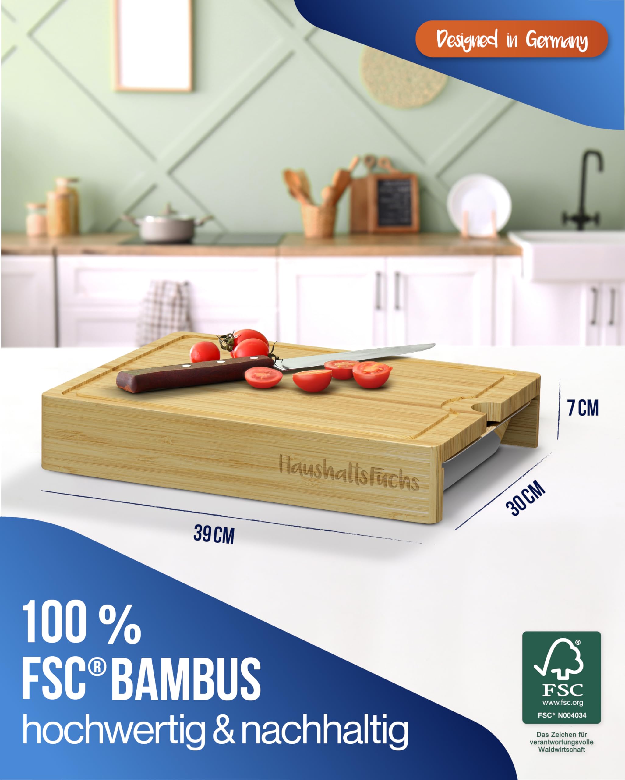 HaushaltsFuchs Premium 100% FSC Bambus Schneidebrett mit groer  Auffangschale, Handyhalterung & Saftrille  XXL Kchenbrett Holz mit  Edelstahl Auffangbehlter - Brett mit Wanne/Schale (rutschfest) :  Amazon.de: Garten