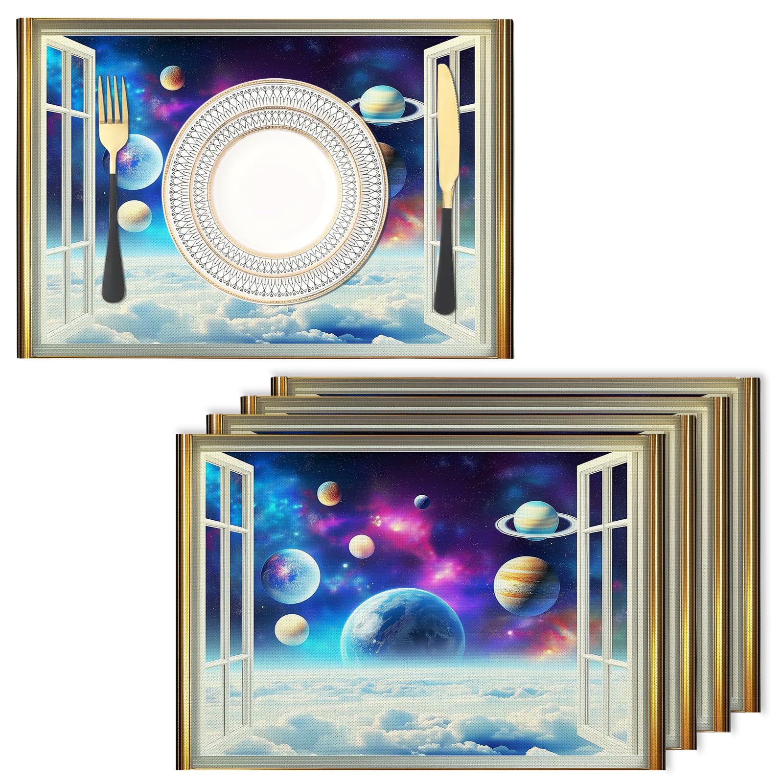 Placemats Washable Set of 4-30 x 45 cm Space Placemats, planet Cotton Linen Hemstitch Place Mats for Table, Kitchen, Dining